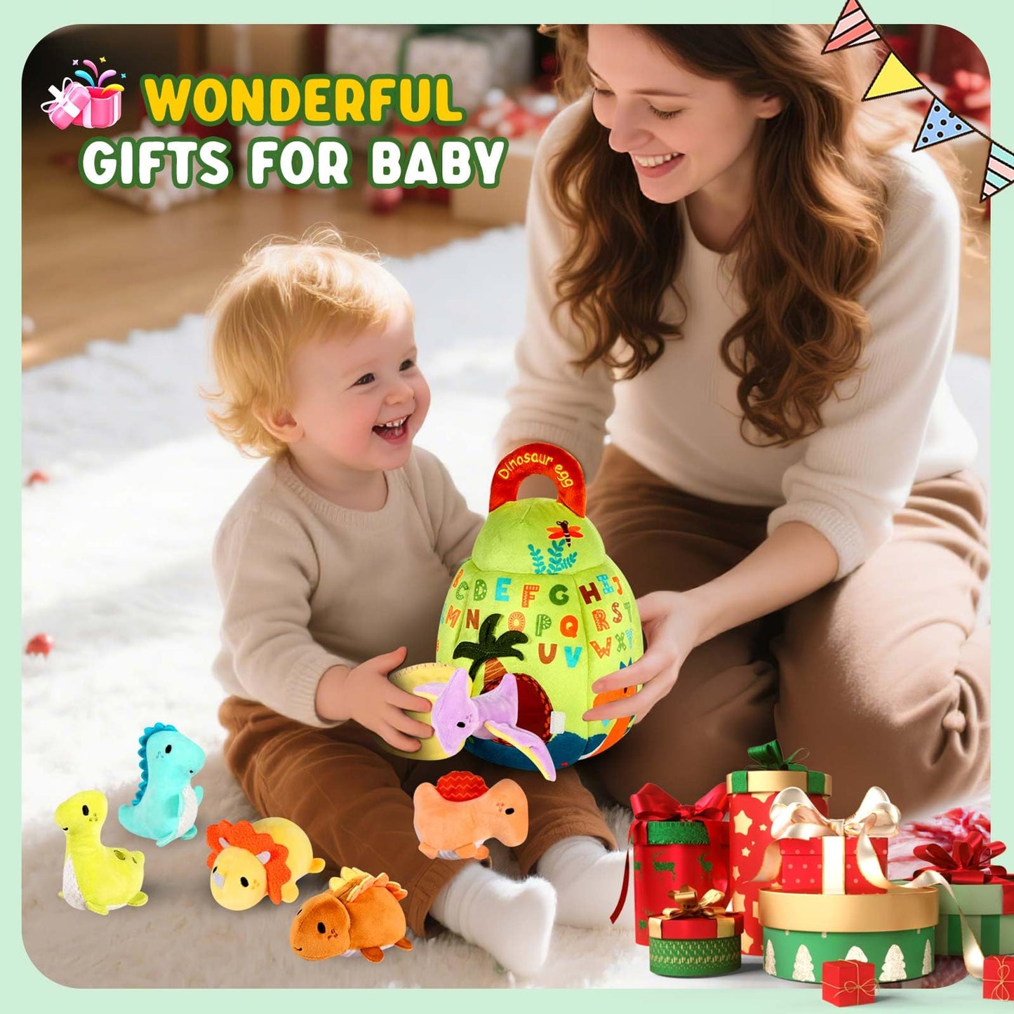 FREYBLI Baby Toys 6-12 Months - Soft Dinosaur Egg Toy with Rattle, Crinkle Paper, Squeaker, Mirror - 6 Month Old Baby Toys Boy Girl Gifts, Baby Sensory Montessori Toys for 6 Month Old Infant Toys