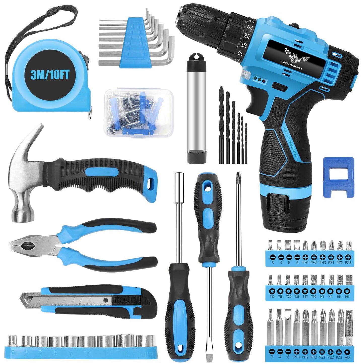 JENABOM Tool Set：Tool Kit with 12V Cordless Drill,Tool Box with Drill,Hand Drill Set for Men & Women,Home Tool Kits for House Repair,Handyman,DIY 146 Piece