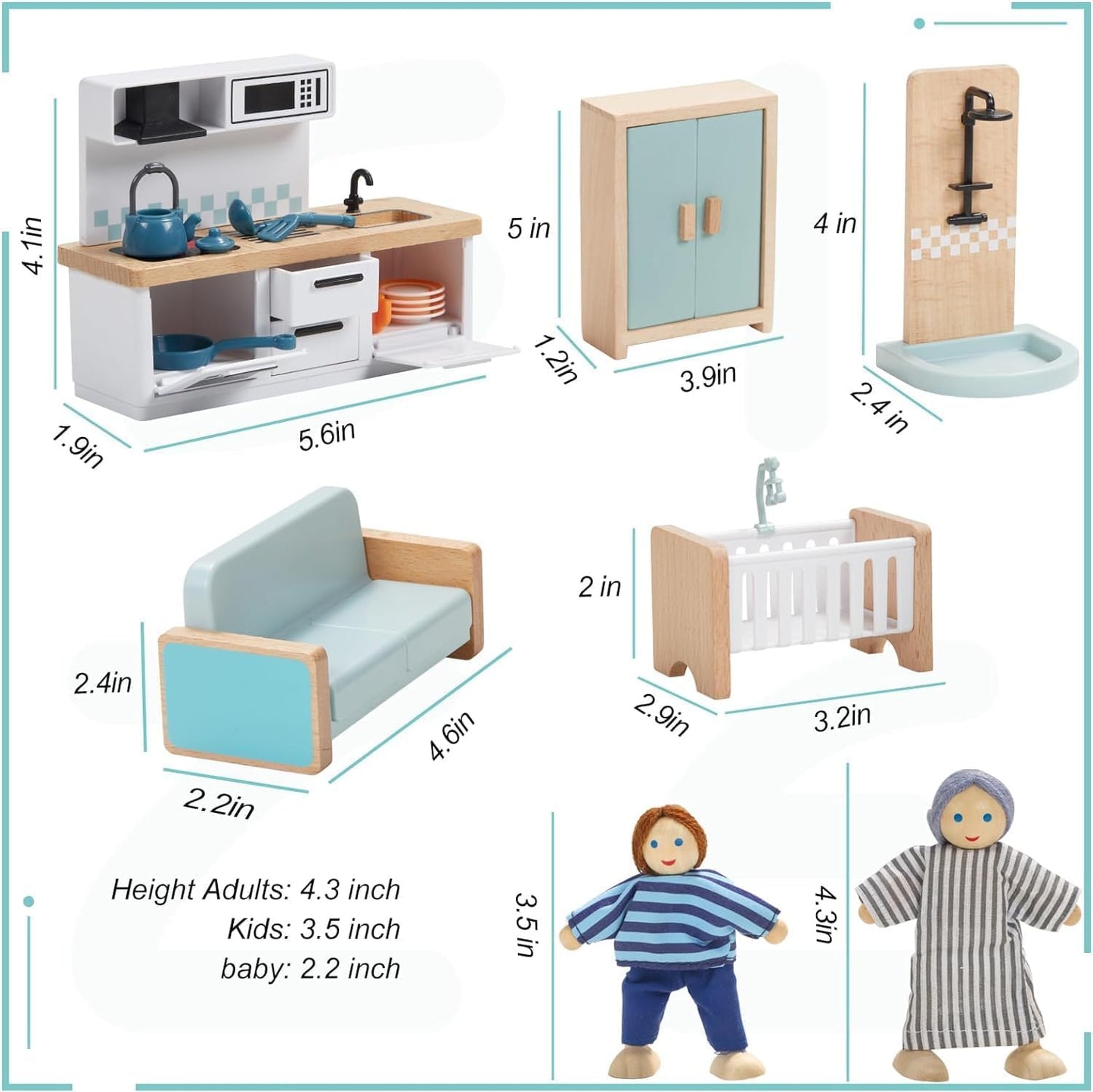 Giant bean 36pcs Wooden Dollhouse Furniture Set 5 Rooms 4 Family Dolls, Wood and Plastic Blue Dollhouse Accessories, Pretend Play Furniture Toys Christmas Birthday Gift for Boys Girls Kids Toddlers 3+