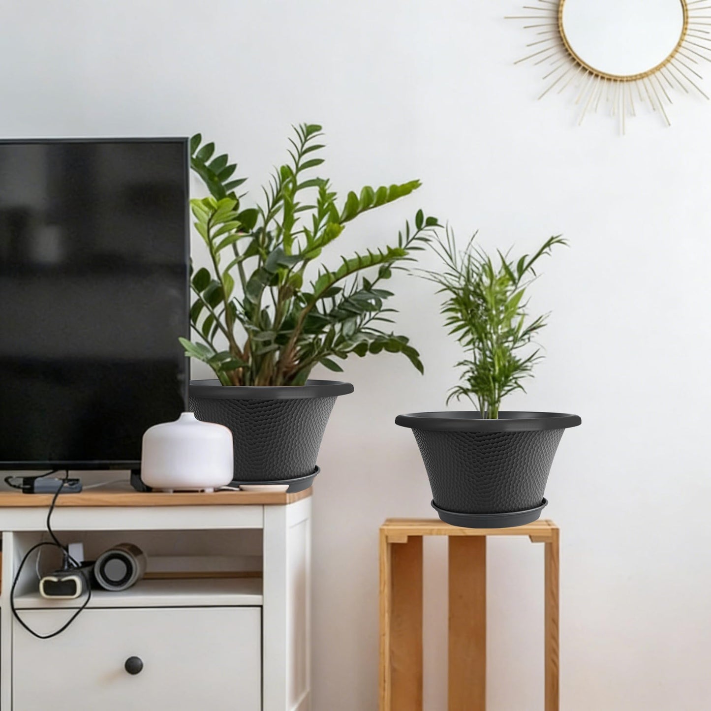 Quarut 12 Inch Pots for Plants,4 Pack Large Flower Pots with Drainage Hole & Saucer,Modern Planters for Indoor Outdoor Plants,Decorative Resin Garden Pots Black
