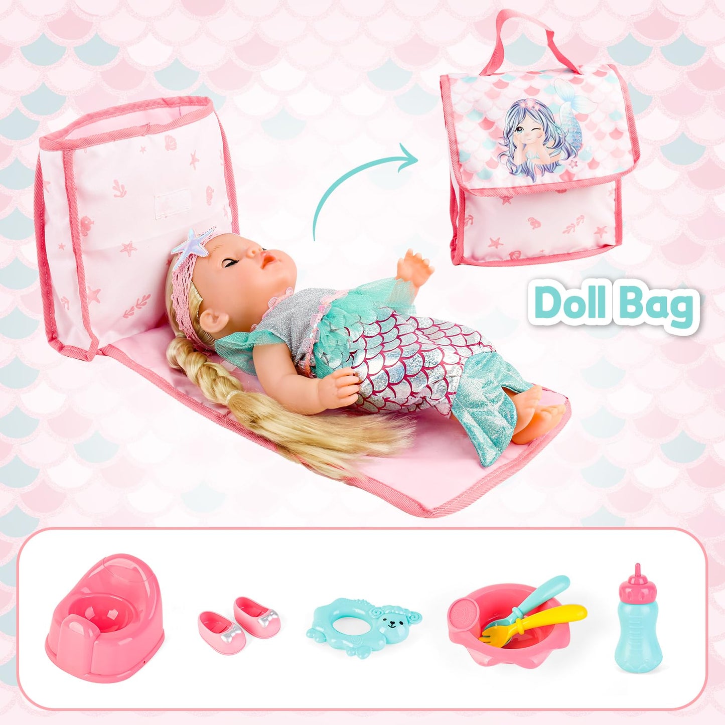 deAO Baby Doll Stroller Playset,5-in-1 with 12-inch Doll Included,Foldable Stroller,Crib Bed & Play Mat - Fits 12 14 Inch Dolls,Pink Travel Toy Set for Toddlers Girls Boys