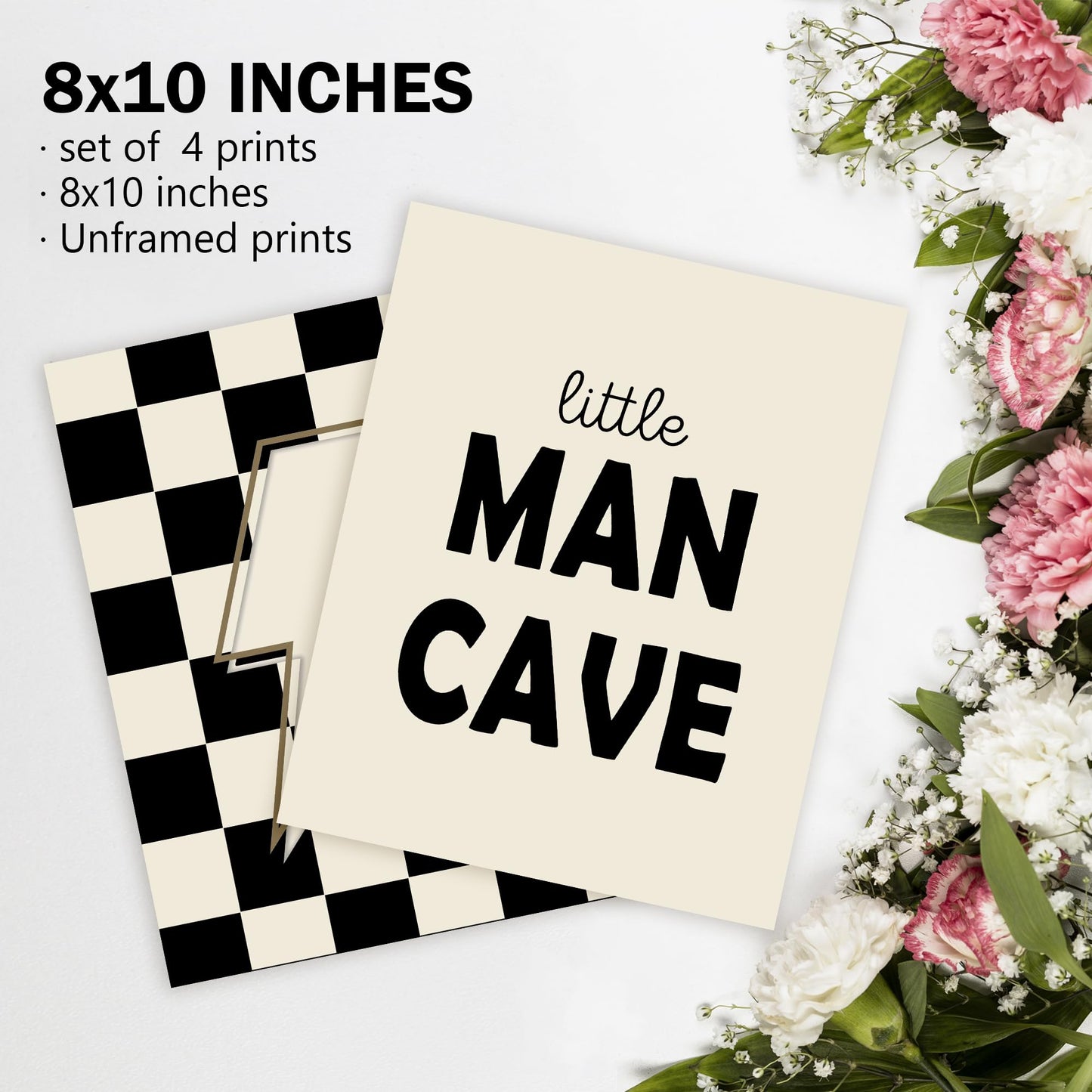Little Man Cave Retro Preppy Checkered Lightning Peace Sign Long Live Boyhood Poster Prints for Boy Teen Room Dorm Decor, Preppy Yellowish-Black Decorations Prints Wall Art Unframed 4pcs 8x10inches