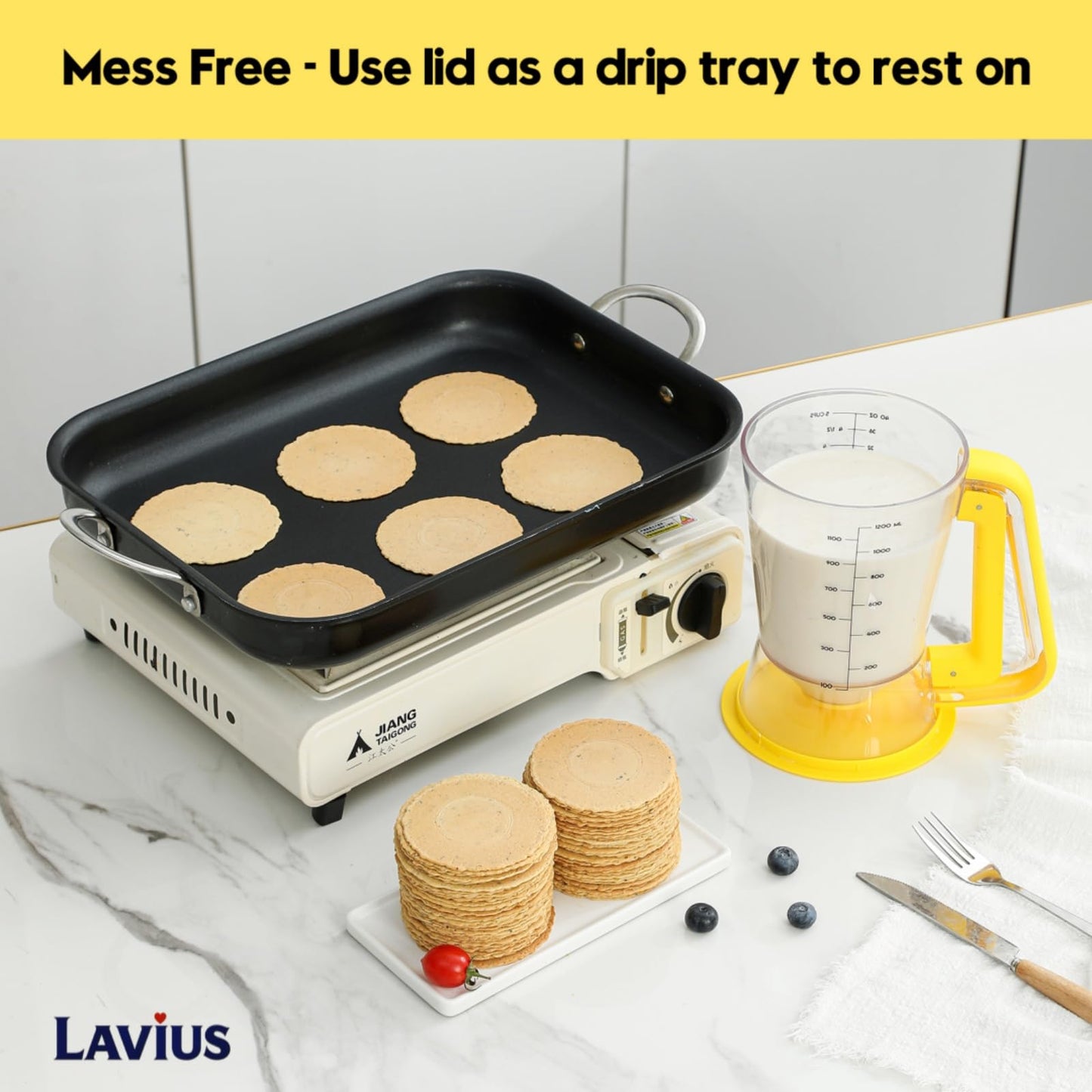 Lavius Pancake Batter Dispenser 5-Cup Batter Pourer for Maker Pancakes, Waffles, Crepes, Muffins, Cupcakes, Easy Squeeze Grip Handle with Proof Nozzle, Precise Baking Tools（Yellow）