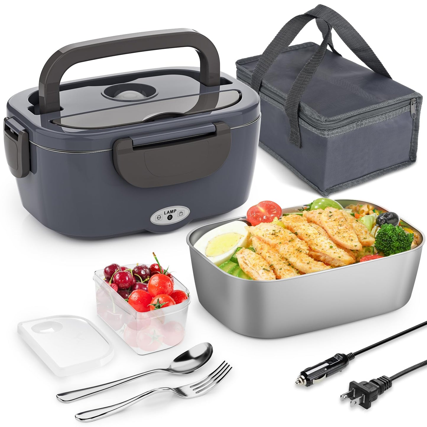 Carsolt Electric Lunch Box Food Heater for Adults 80W Portable Food Warmer for Car/Home 1.5L Heated Lunch Box for Adults, 12V/24V/110V Loncheras para Hombres de Trabajo lonchera eléctrica portátil