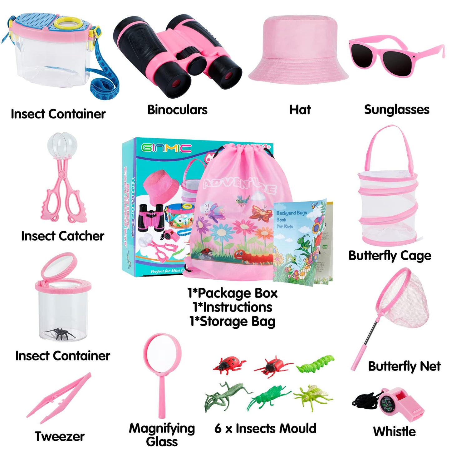 GINMIC Bug Catcher Kit for Kids, Bug Catching Kit with Binoculars, Magnifying Glass, Bugs Habitat and Butterfly Net, Outdoor Explorer Toys Gifts for 3-12 Years Old Boys and Girls