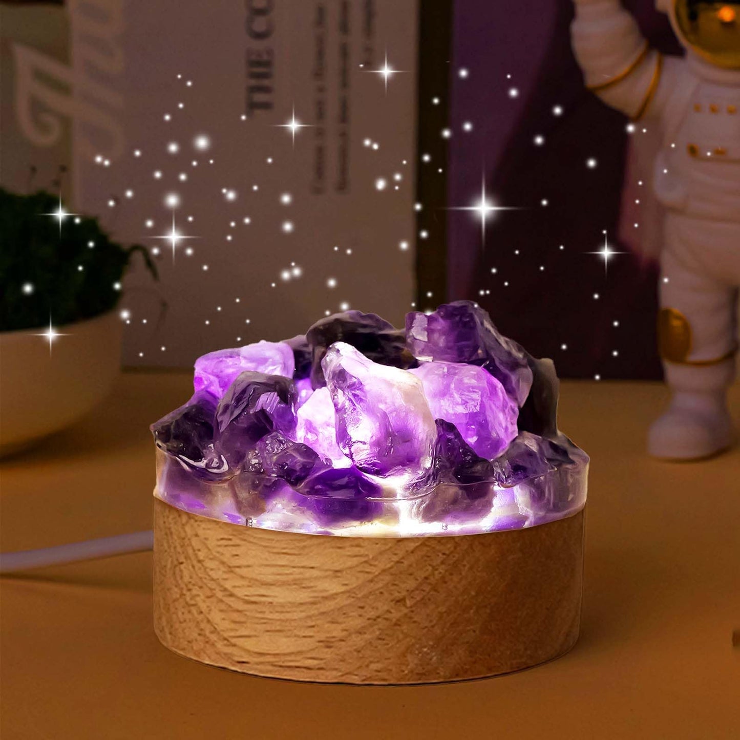 Runyangshi Amethyst Night Light with Natural Raw Crystal - USB Powered Mini Lamp for Bedroom, Desk, Meditation, Healing Crystal Decor with Wood Base, Gift Idea