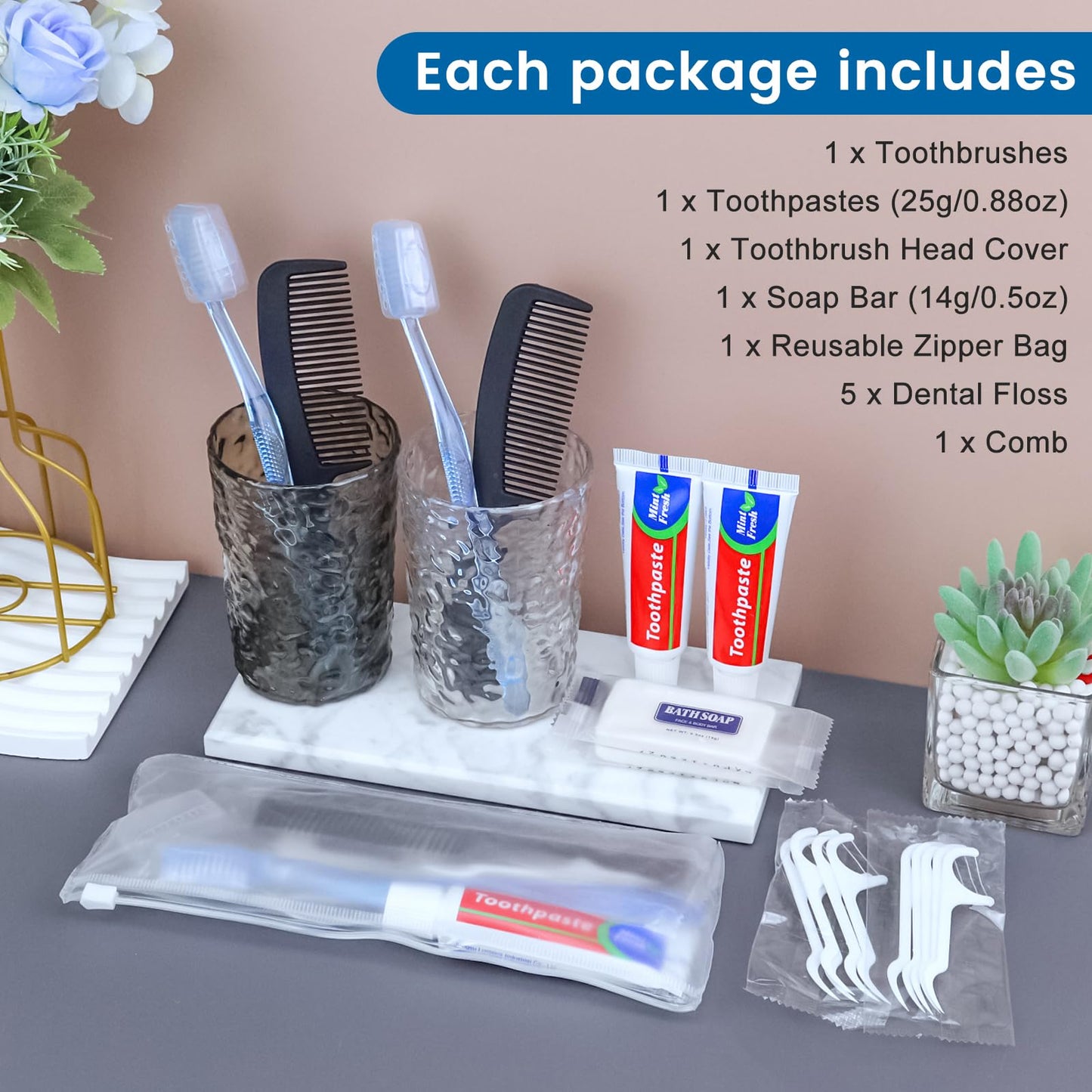 HQSLsund 10 Sets Personal Hygiene Kit Bulk, Disposable Toothbrushes with Toothpaste Floss Comb Soap and Cover, Toiletry Kits Homeless Supplies Bulk for Women,Men,Travel,Homeless