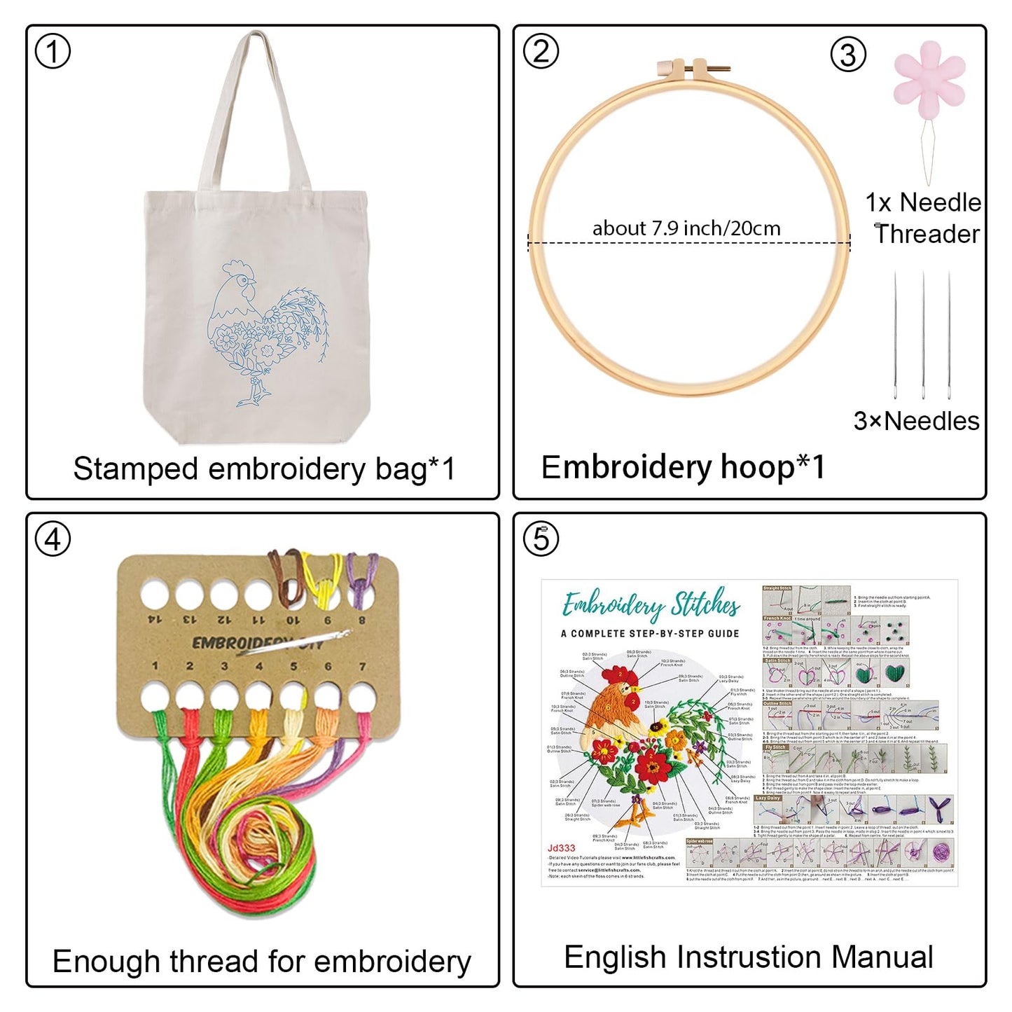 Louise Maelys Embroidery Kit Canvas Tote Bag for Beginners,Cross Stitch Kits for Adults,DIY Needlepoint Include Rooster and Flower Pattern,Women Shopping Reusable Grocery Bags
