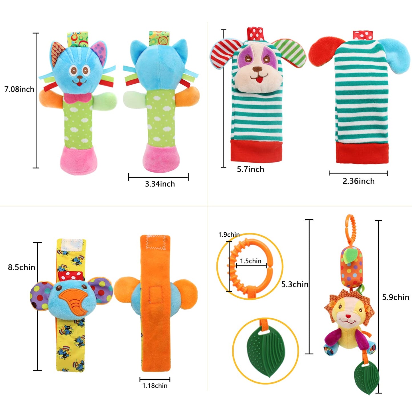 Bloobloomax Baby Soft Hanging Rattle, Wrist Rattle and Hand Foot Rattle Toy, Car Seat Stroller Toys with Plush Animal C-Clip Ring for Infant Babies Boys and Girls 3 6 9 to 12 Months (12PCS-G)