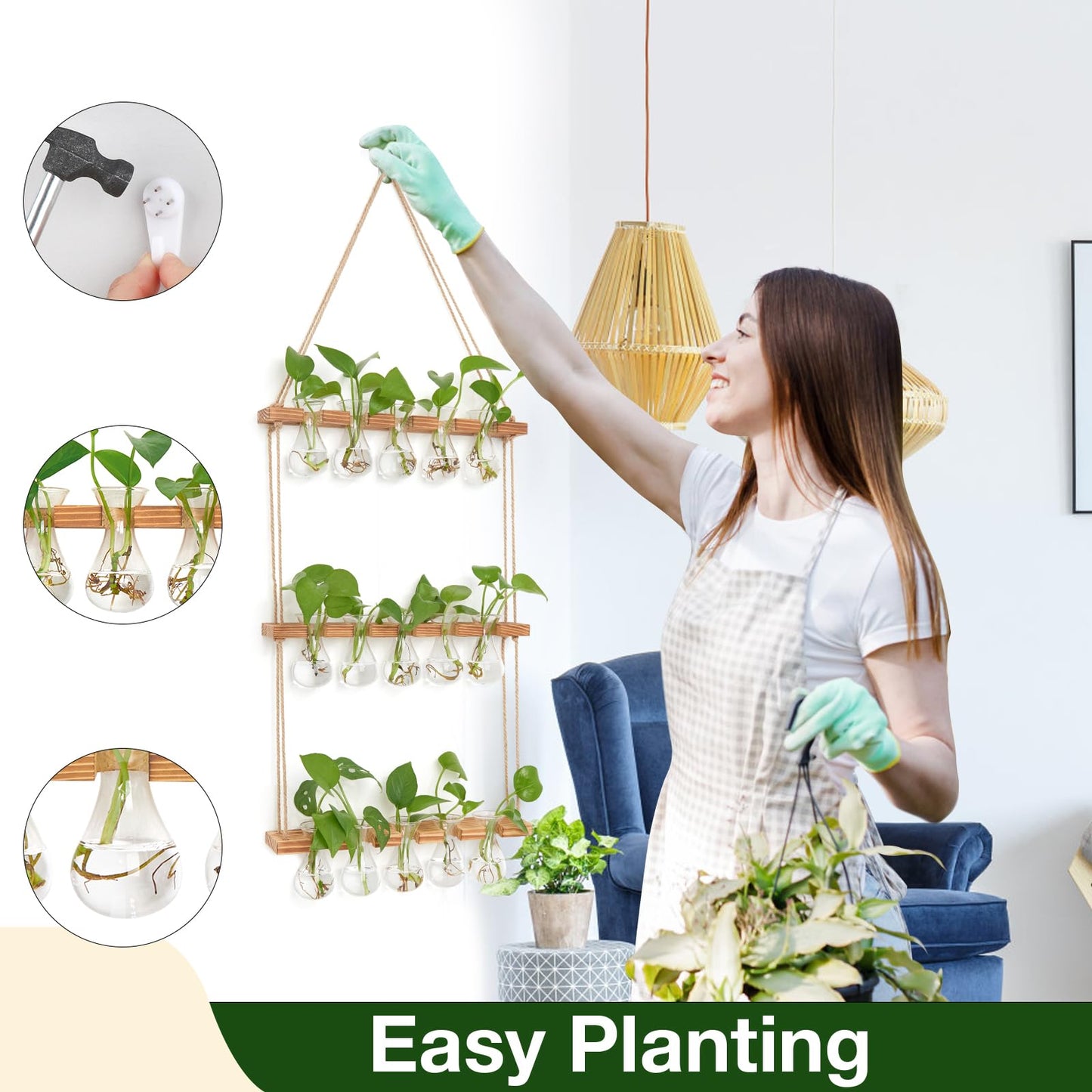 XXXFLOWER Wall Hanging Propagation Station with Wooden Stand 5 Bulb Vase 3 Tiers Planters Wall Terrarium for Home Office Plant Hanger Flower Vases Wall Decor