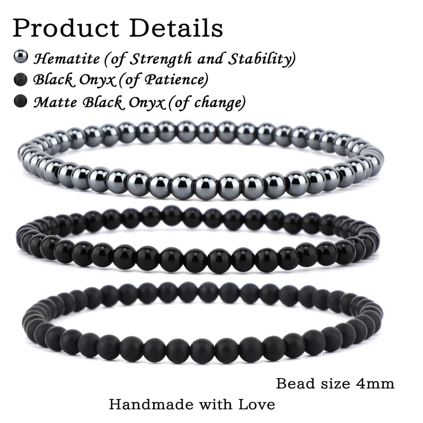 NCB 3-Piece 4mm Natural Crystal Gemstone Stretch Bracelets – ﻿Black Onyx, Hematite, Matte Black Agate Handmade Reiki Energy Healing Jewelry for Meditation,Yoga, Unisex