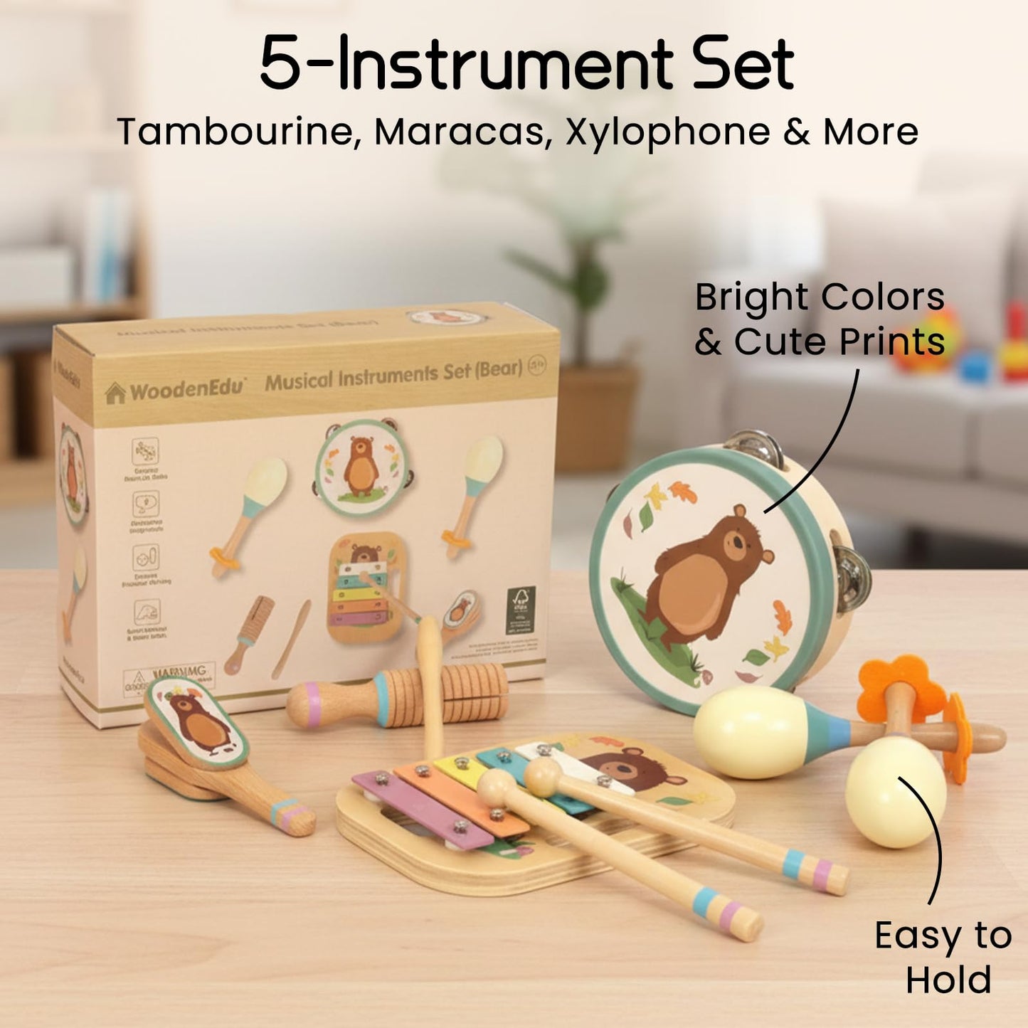 Wooden Musical Instruments Set for Toddlers, Natural Wood Percussion Instruments Xylophone Gift Set for Girls Boys Kids ,Preschool Educational Musical Toys with Storage Bag (Blue Set)