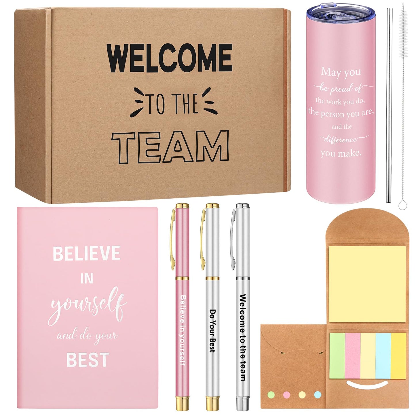 Teenyyou 7 Pcs New Employee Welcome to The Team Gift Set for Him or Her Welcome to The Team Gift Box Holiday Gifts Include 20oz Tumbler Notebook Pens and Sticky Note for New Employee Worker(Pink)