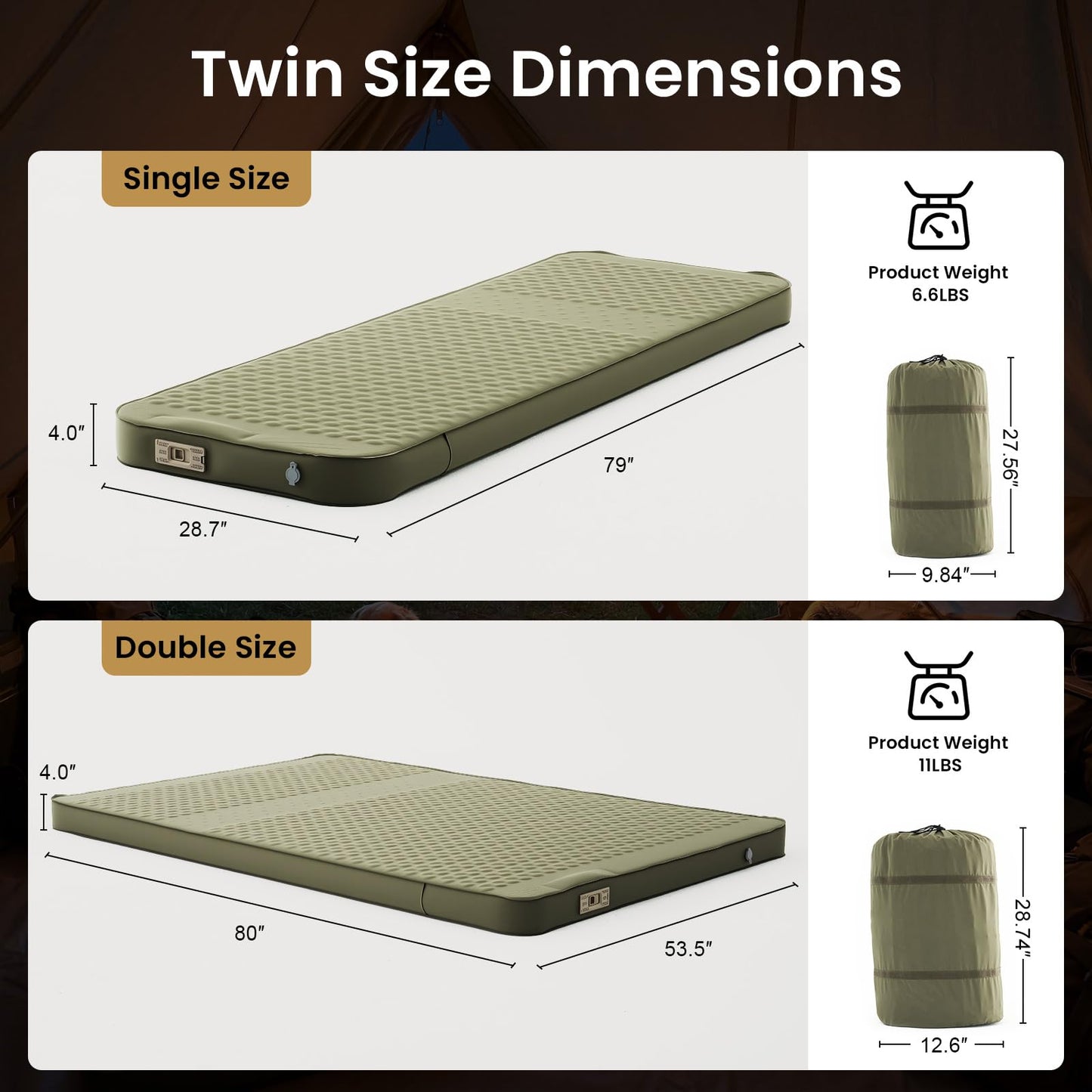 Ytaoeo 4" Thick Self Inflating Sleeping Pad, Memory Foam Camping Mattress Pad with Electric Pump, 9.5 R-Value Insulated Sleeping Mat，4-Season Camping Pad for Travel, Car, Tent,Cot, Green