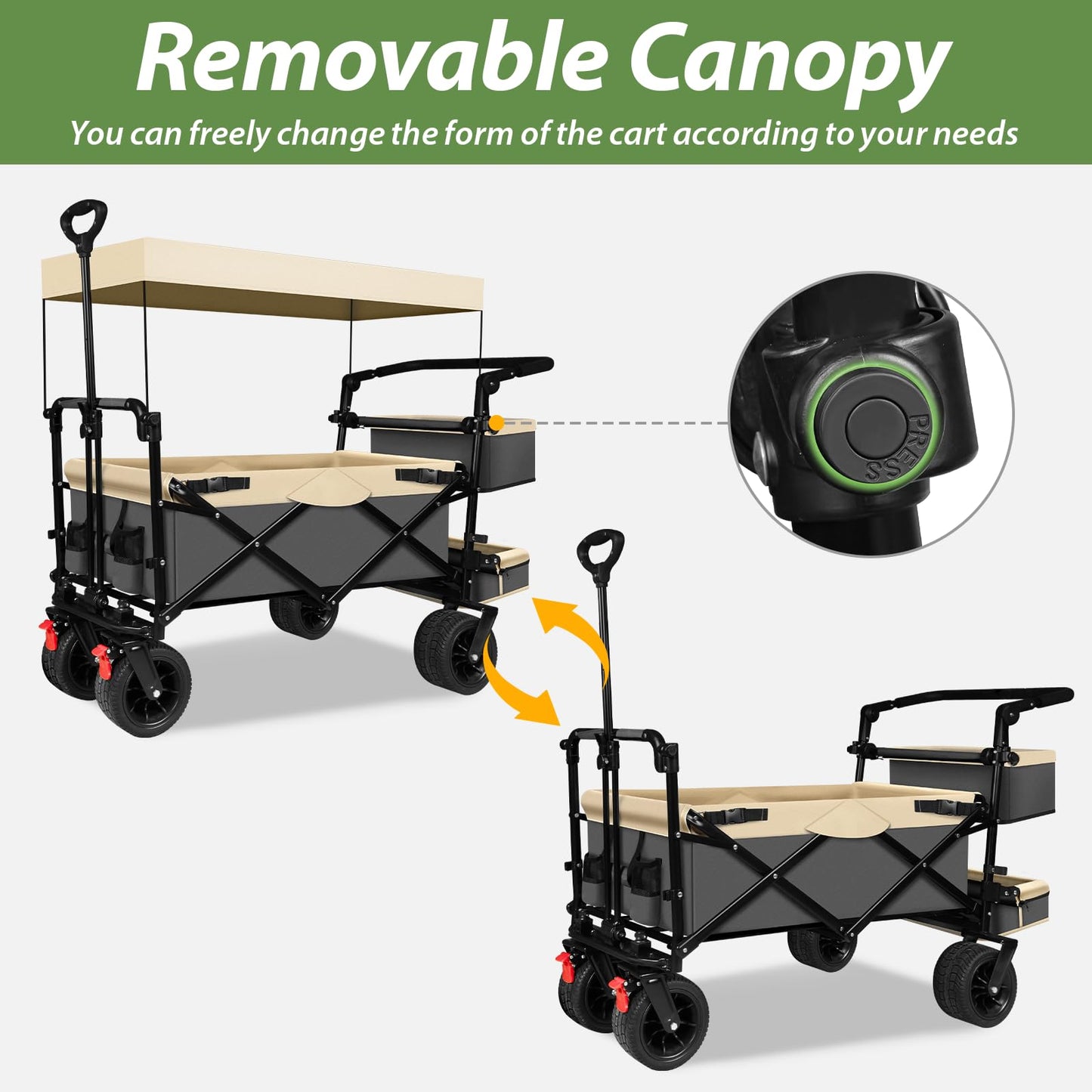 TAIFA Collapsible Foldable Wagon Cart with Removable Canopy, Push Pull Utility Beach Wagon with Big Wheels and Brakes for Sand Shopping Camping Outdoors, Beige1