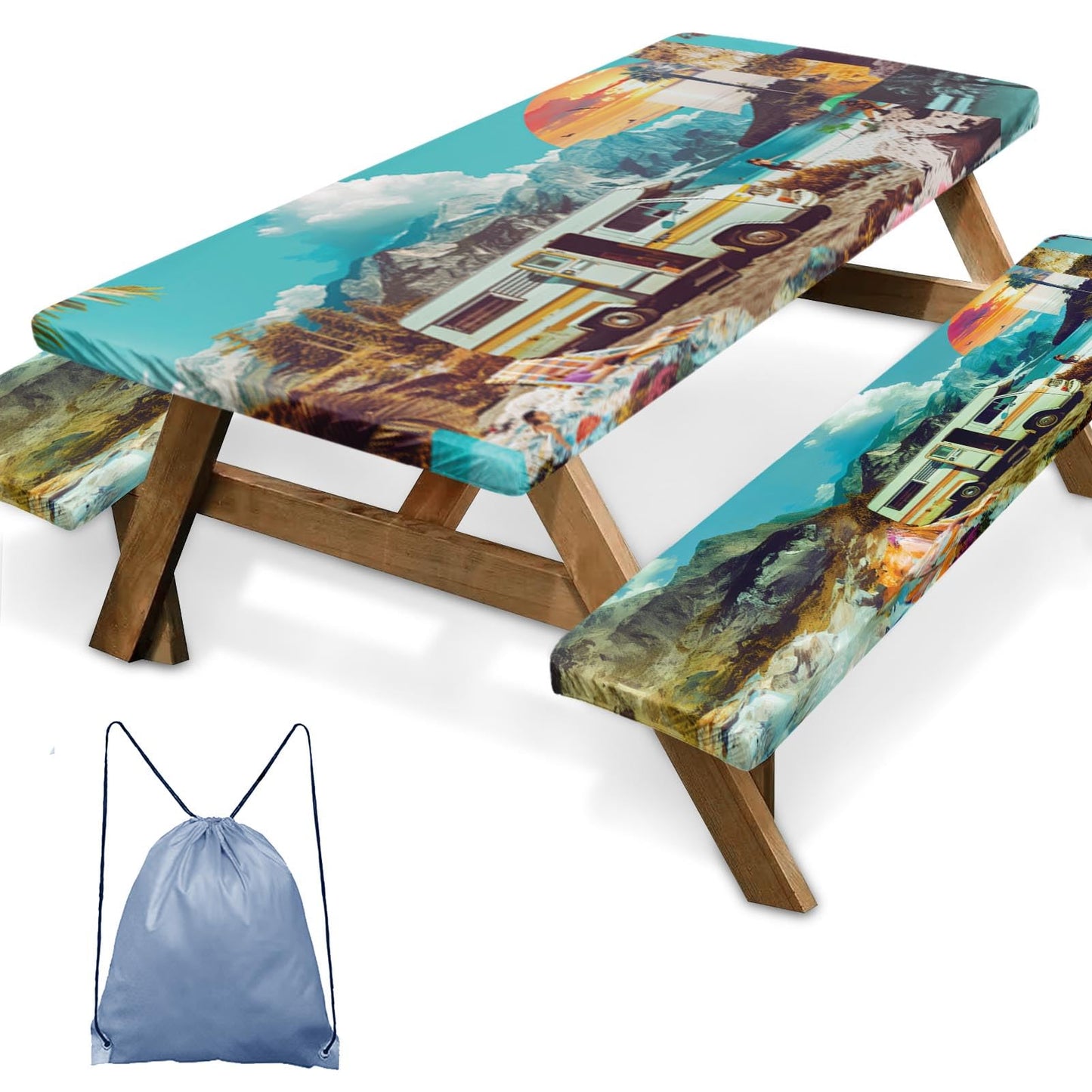 Britown 3 Piece Fitted Picnic Table Cover with Bench Covers, 72"x30" Full Elastic Edge Camping Tablecloth, Waterproof Wipeable RV Outdoor Patio Park Camping Essentials with Drawstring Bag (Travel)