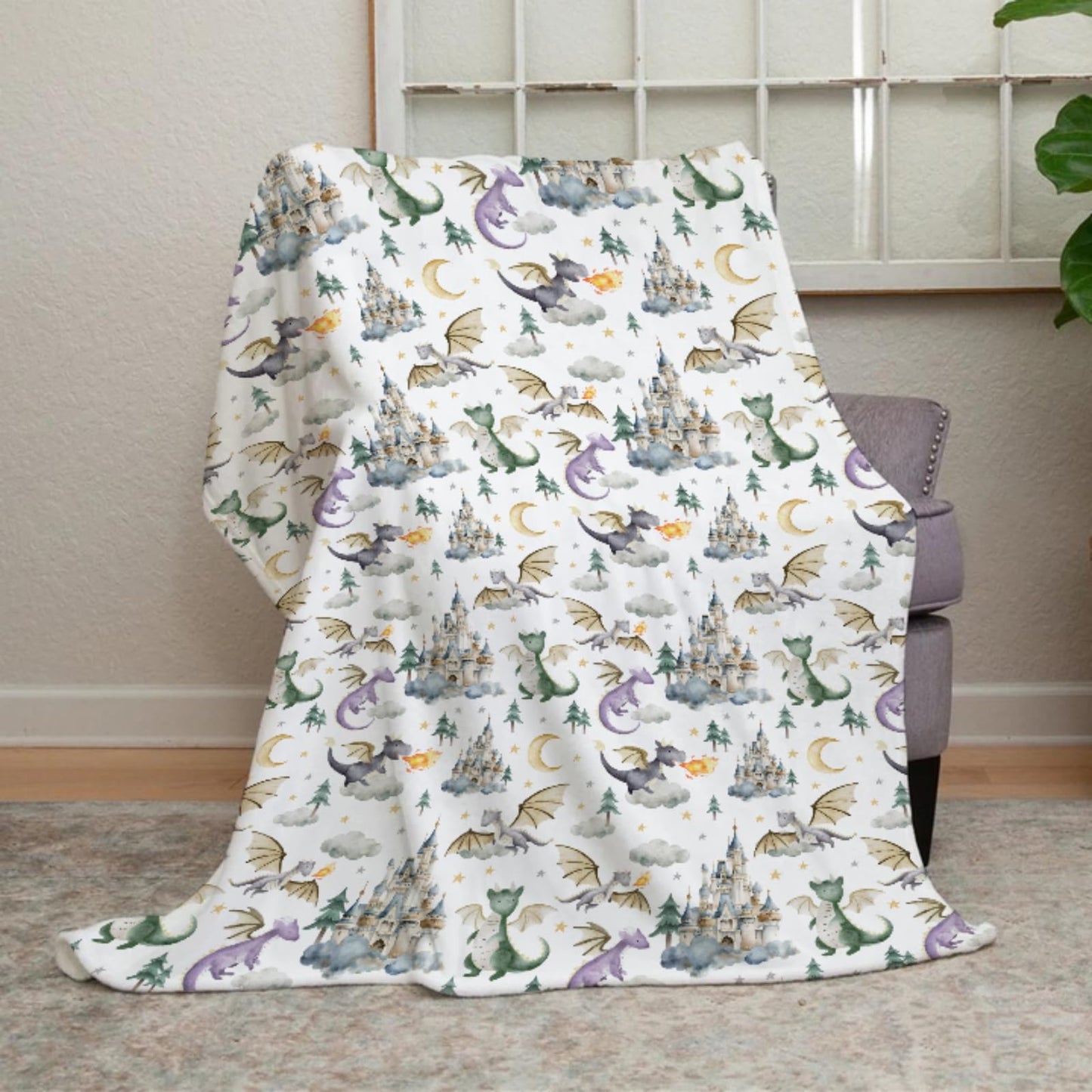 EyMzcod Baby Boy Girl Blankets Dragon Tale Castle, Watercolor Green Moon Clouds Stars Tree Soft Lightweight Nursery Receiving Swaddle, Flannel Newborn Infant Toddler Crib Bedding Kids Gift 30 x 40
