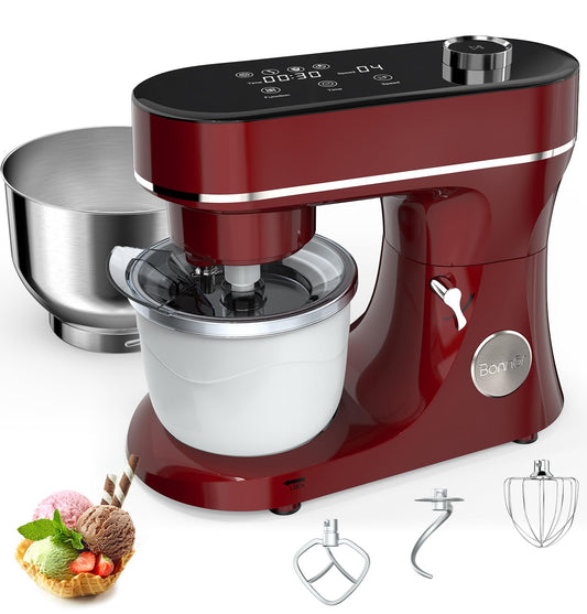 Bonnor Stand Mixer Set, 6QT Kitchen Mixer with LED Touchscreen, 11-Speed Tilt-Head Mixer with Timer, 4 Preset Menus, Stainless Steel Bowl, Hook, Whisk, Beater,Plus 2QT Ice Cream Maker Attachment,Red