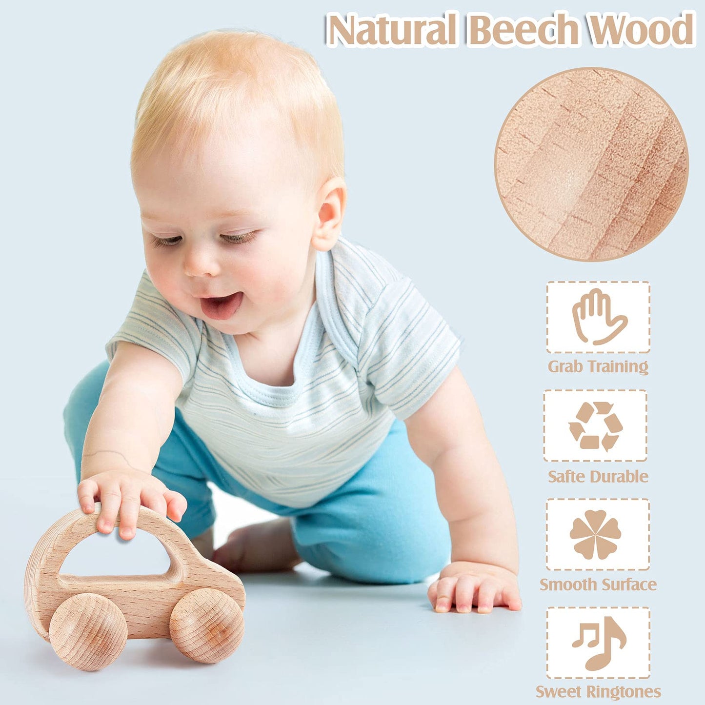 Zhanmai 5 Pieces Wooden Baby Toys Montessori Toys for Babies 0-6-12 Months Toy Rattles with Bells Baby Push Car Wooden Newborn Toy for Toddlers 1-3 Years Old Infant Boys and Girls Gifts