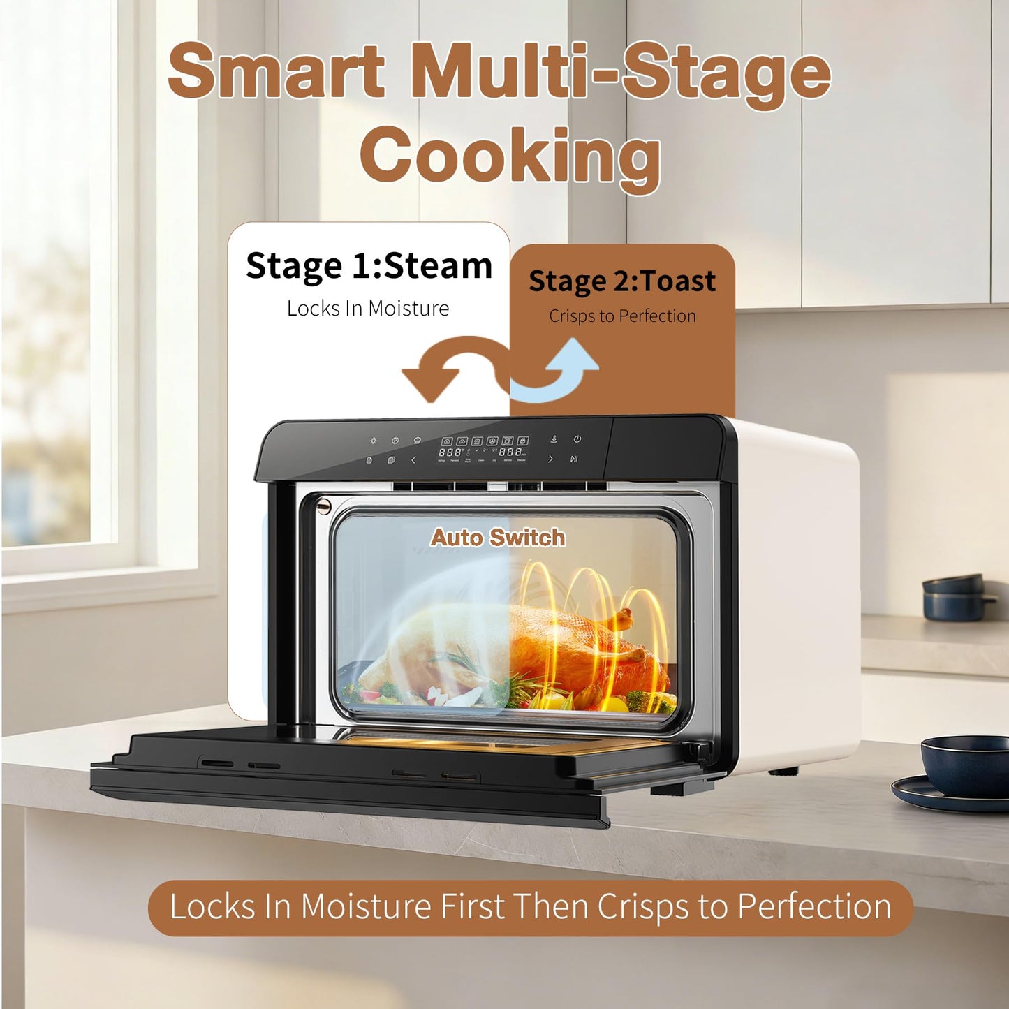 ROBAM Toaster Air Fryer Combi Oven, Countertop Steam Oven 20-in-1 with Convection Steam Roast & Bake, Multi-Stage Cooking, Self-Clean, 7 Modes, 30 Built-In Recipes, for Kitchen Pizza Baking (White)