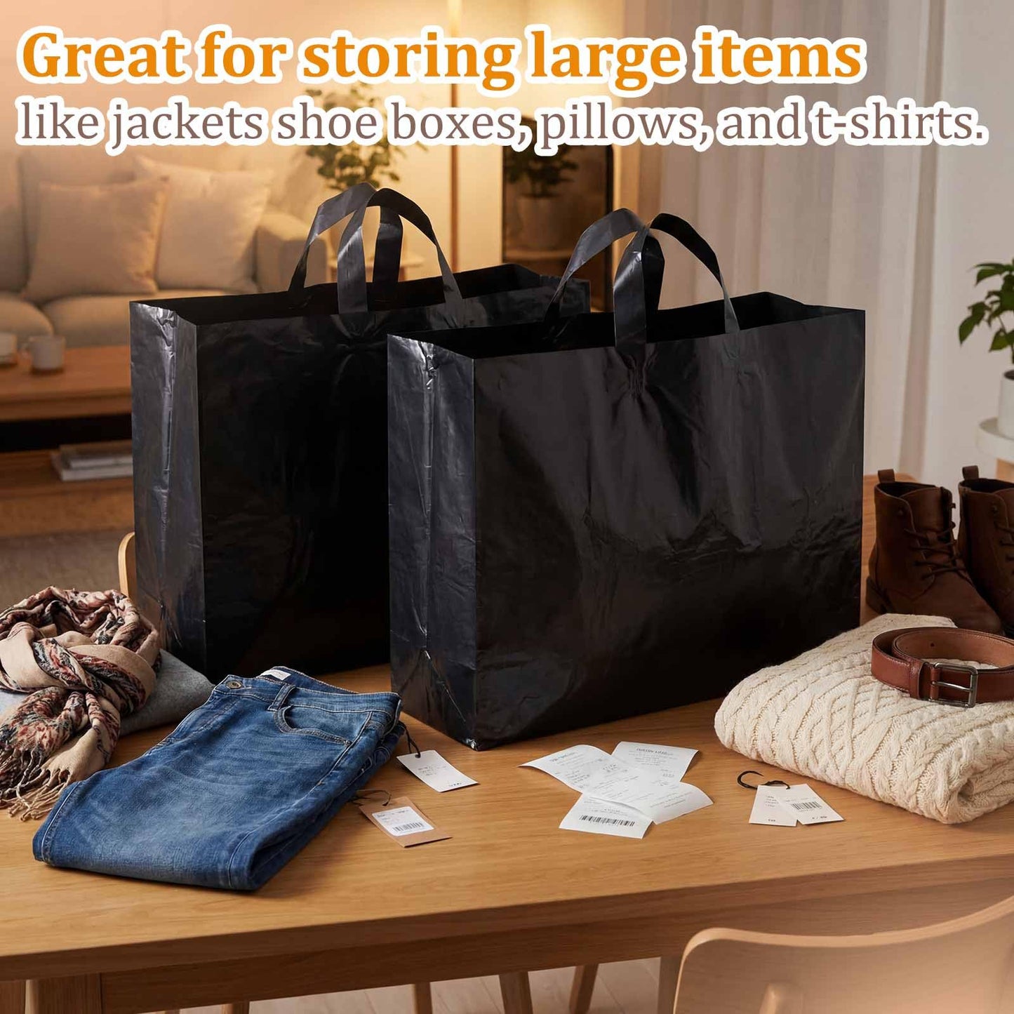 Klyyo Clyro 50 Pack 18 × 6 × 13.5 Inch Frosted Plastic Gift Bags with Handle Large Reusable Frosted Plastic Shopping Bags for Small Business, Boutiques, Retail, Wedding Party Favors (Black)