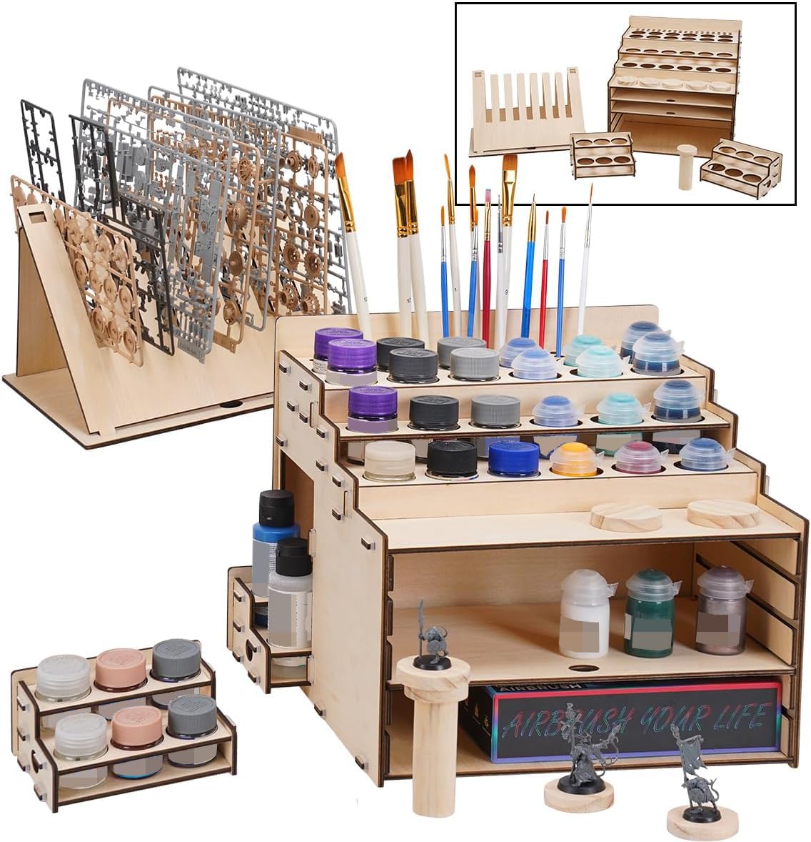 T TOGUSH Model Paint Holder with Adjustable Storage, Wooden Miniature Model Paints Organizer for 36 Paint Holes and 36 Holes of Painting Brushes wtih Model Pieces Shelf