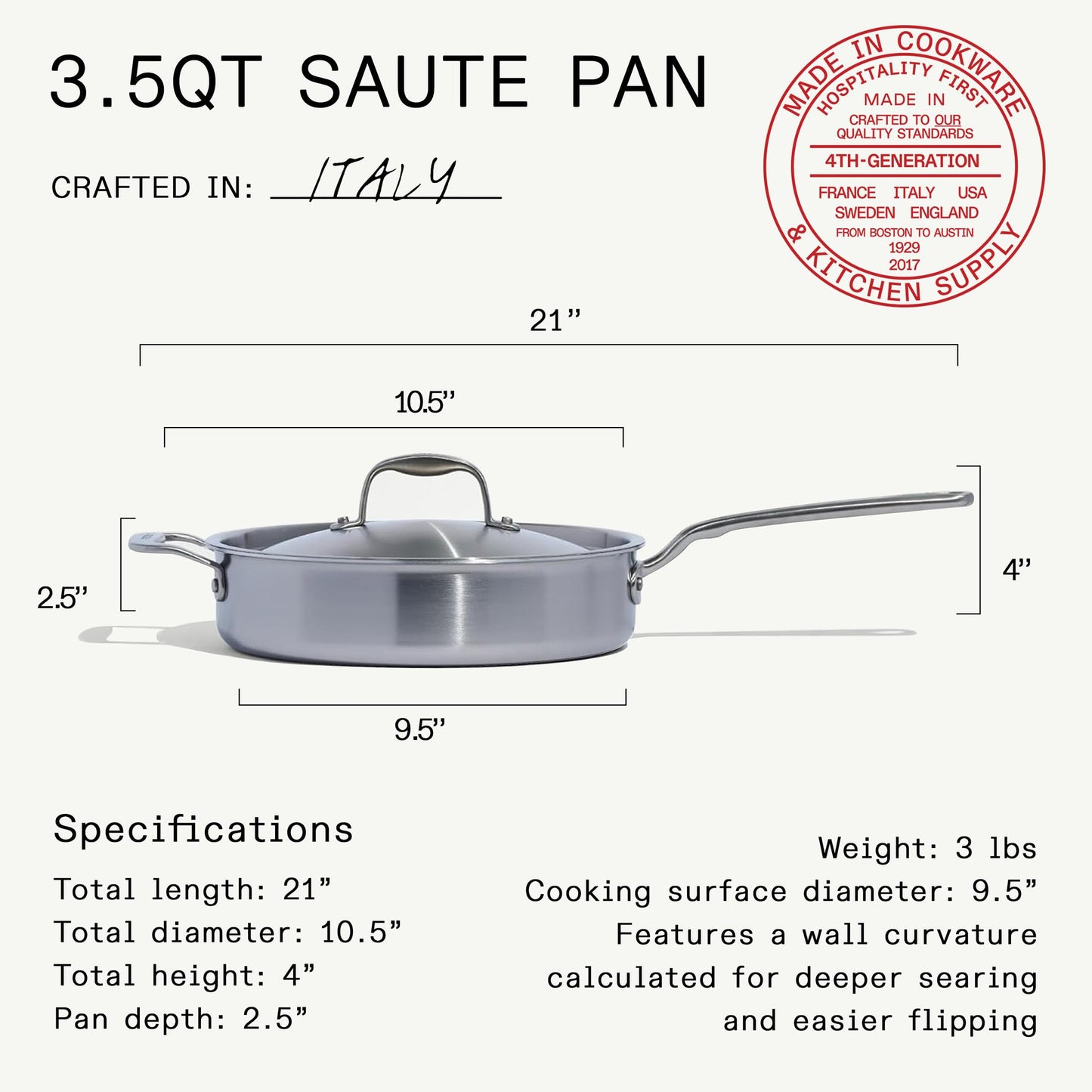 Made In Cookware | 3.5 Quart Stainless Steel Saute Pan | 5 Ply Stainless Clad | Professional Cookware | Induction Compatible | Crafted in Italy