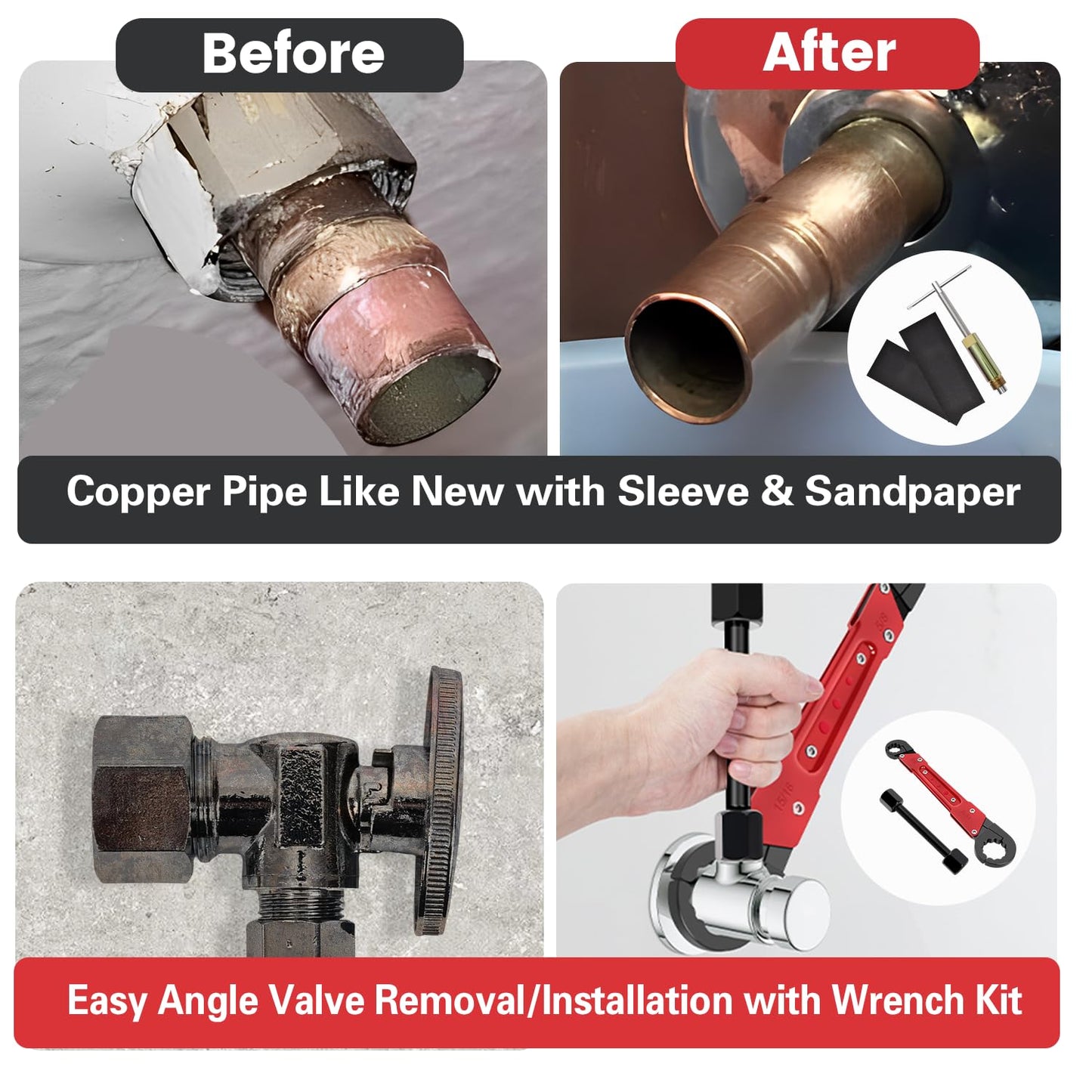 Vorhixa 6 Pcs Plumbing Tools Kit with Angle Stop Wrench & 1/2-Inch Compression Sleeve Puller, Professional Plumbers Wrench, Sandpaper and Storage Bag for Frozen/Corroded Angle Stop
