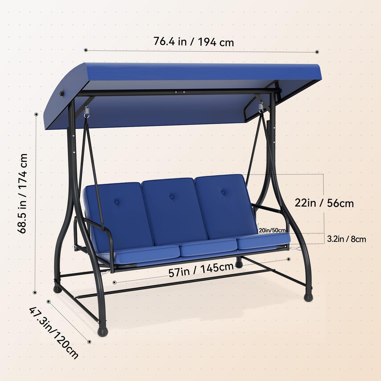 3-Seat Patio Swing Chair Outdoor Heavy Duty Steel Frame with Adjustable Canopy Removable Cushions - All Weather Porch Swings Glider for Backyard, Garden, Poolside - Blue