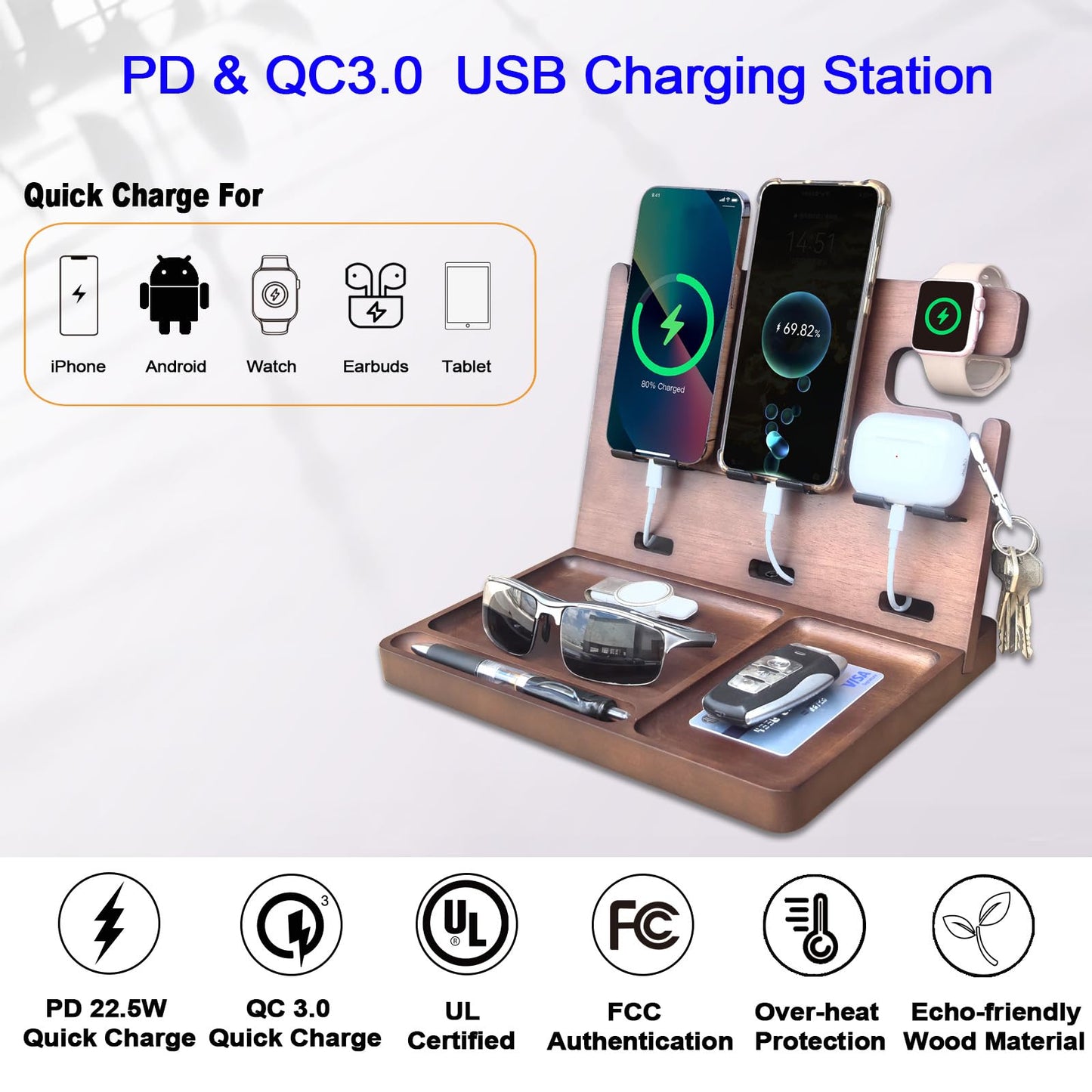 Xunhomon Wood Phone Docking Station Nightstand Organizer Charging Station with QC 3.0 & PD22.5W Fast Charger for iPhone Samsung Android Watch Airpod Anniversary Birthday Gifts for Men