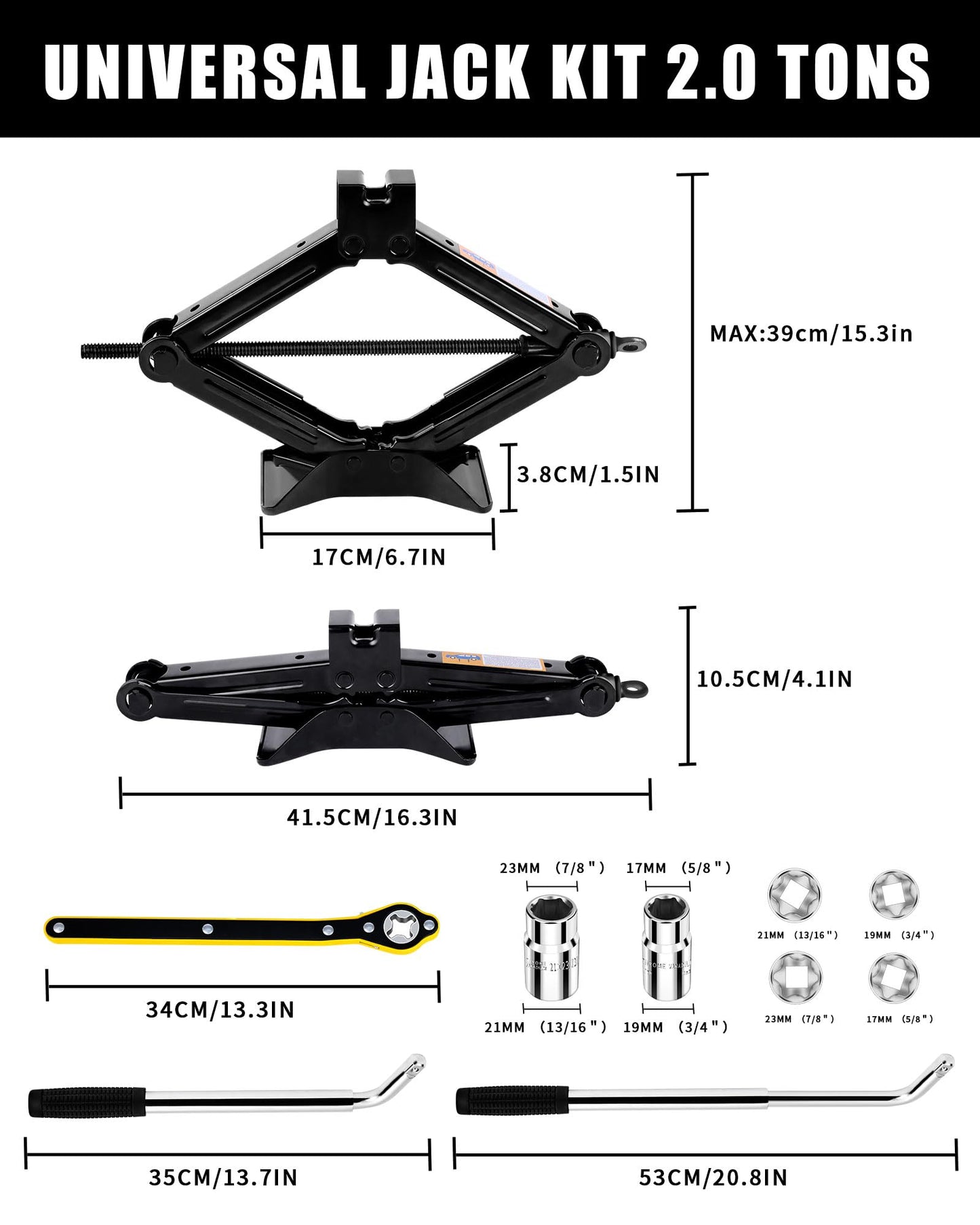 1.5-ton Scissor Jack in Your car's Roadside Emergency kit, Must-Have Spare tire Replacement Stand Tool for Your Vehicle, Telescoping Lug Nut Removal Tool, Ratchet Wrench, Tire Pressure Gauge (1.5T)