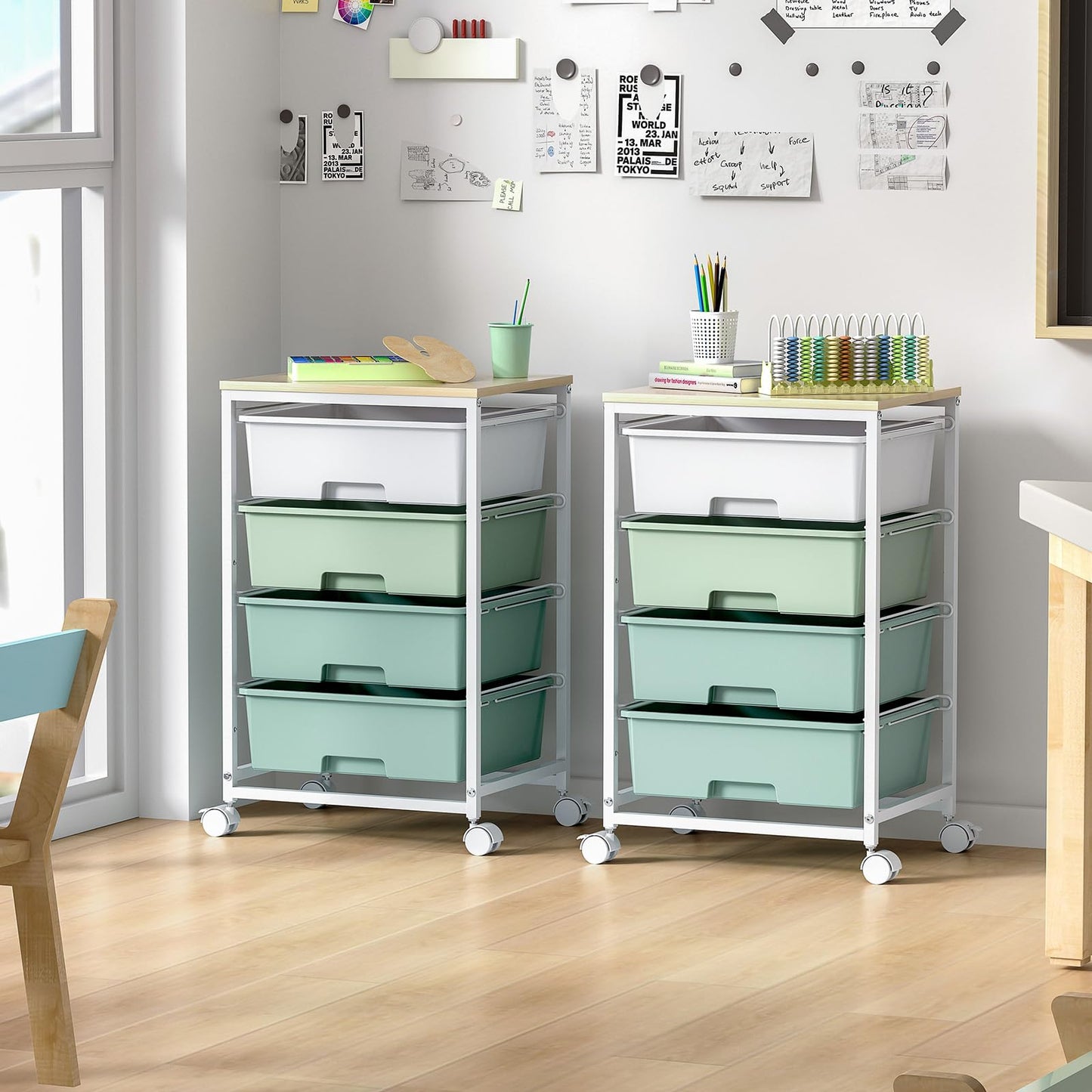 SYKIARIOL Utility Cart with 4 Drawers,Rolling Storage Cart with Drawers,Storage Rolling Drawer Cart with Wooden Tabletop for Bedroom,Kid's Room,Dorm,Classroom,Office,Green