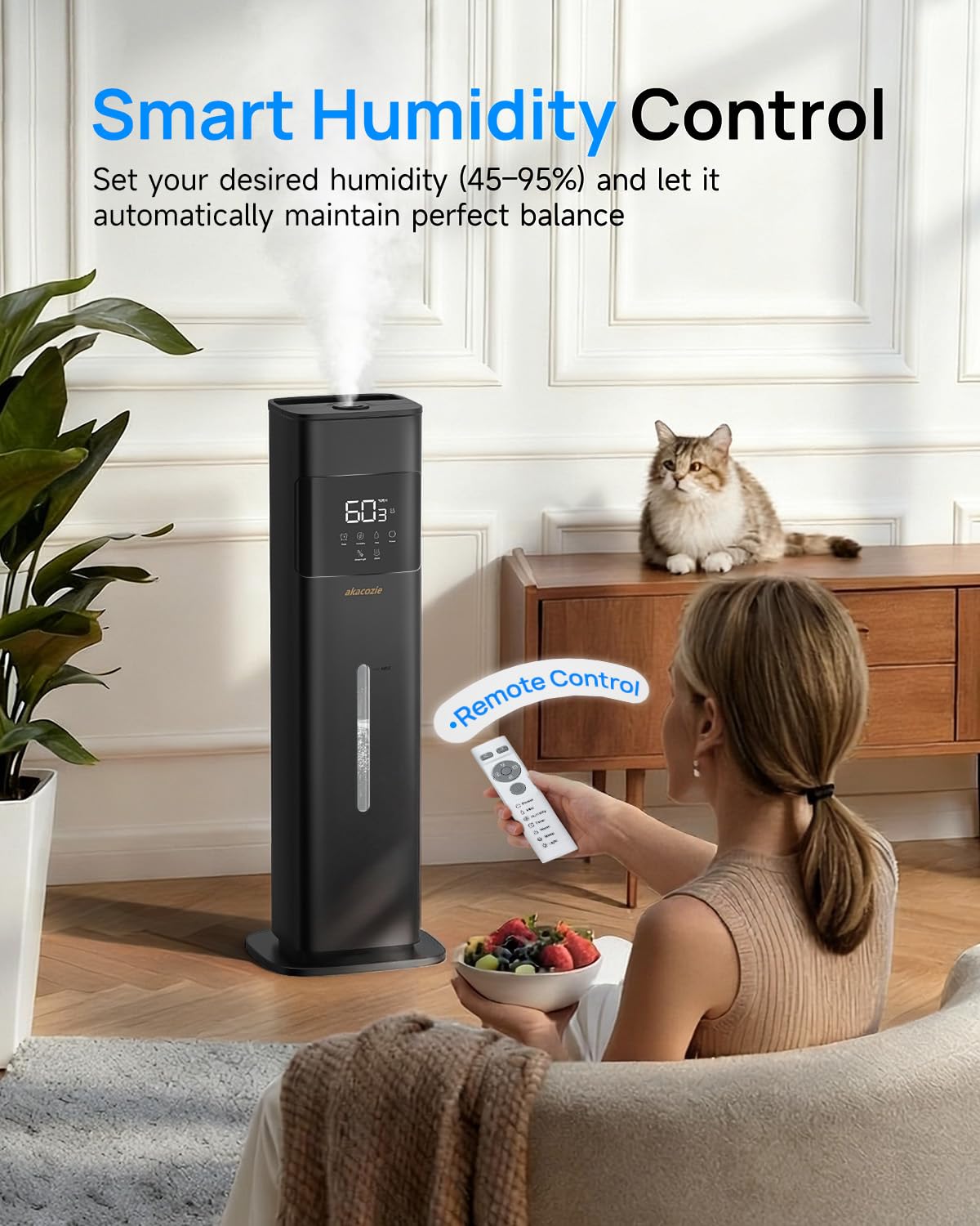 Akacozie Warm & Cool Mist Humidifiers for Bedroom 500 sq ft, 2.1Gal/8L Top-Fill Humidifier Large Room with Essential Oil Diffuser, Large Room Humidifiers for Home Baby Nursery Office Plants, Black