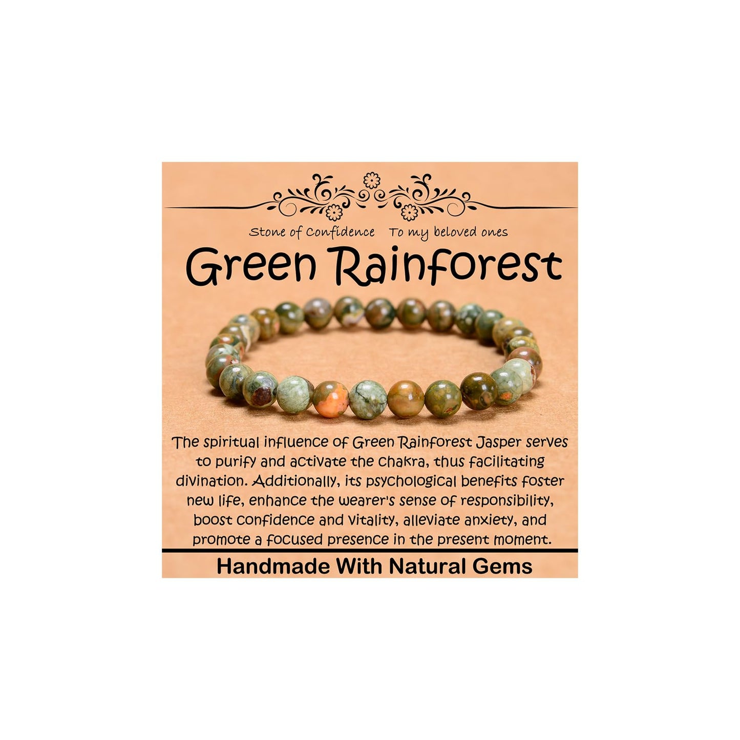 CHCCOYE 6mm Natural Healing Gemstone Bracelet Handmade Yoga Stretch Elastic Bracelet Stress Relief Crystal Jewelry for Men and Women (6mm, Green Rainforest Jasper)