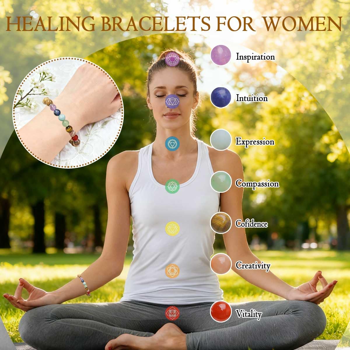 ZaisuiFun 7 Chakra Bracelet for Women, Healing Stones for Anxiety Relief, Spiritual Crystal Energy Bracelet for Meditation, Relaxation Positive Vibes,Green,M