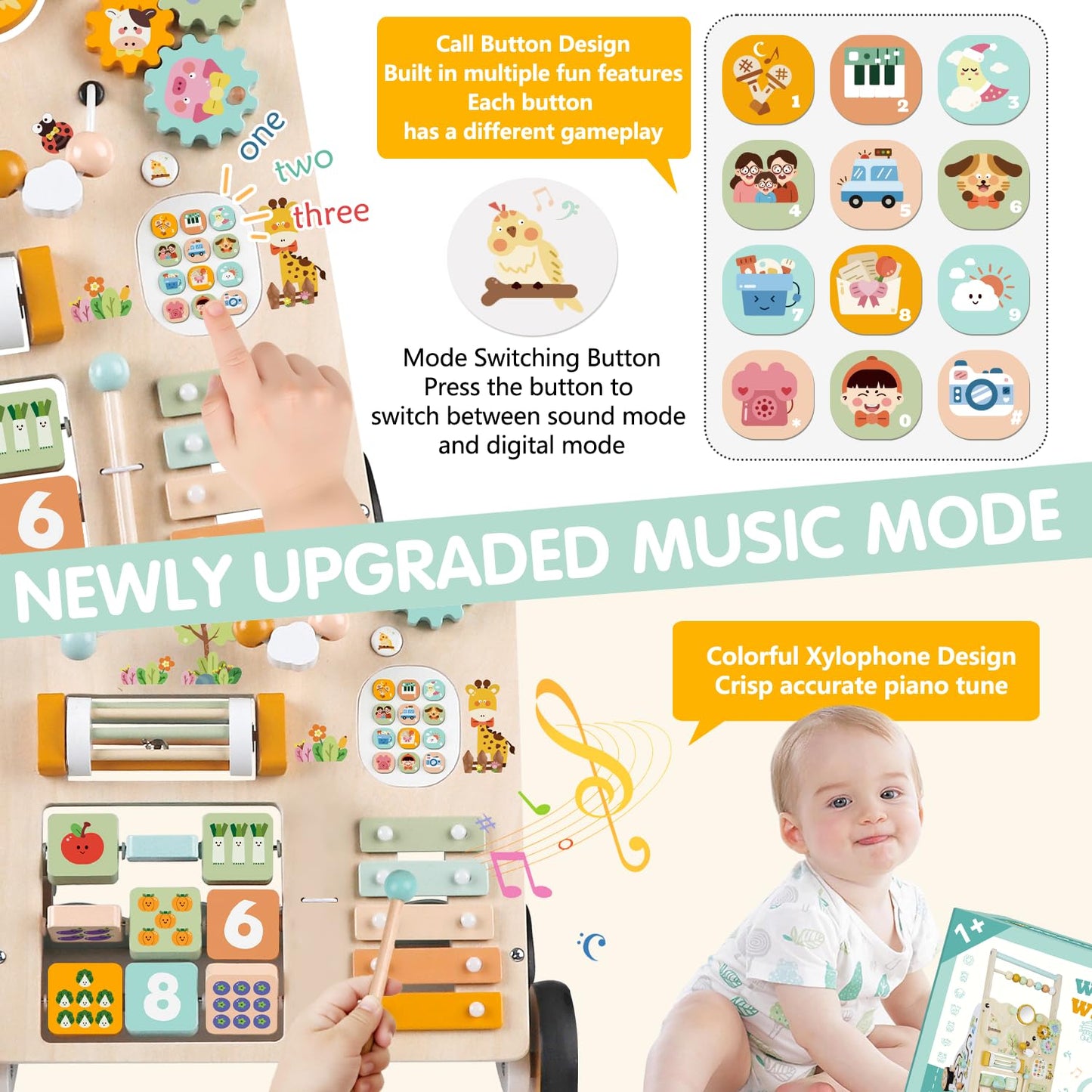 Wooden Baby Walker with Wheels, Push Walker with Baby Activity Center, Montessori Walking Toy for Girls Boys, Ajustable Speed & Height Activity Toy for Toddler Learning to Walk 12+ Months (Natural)