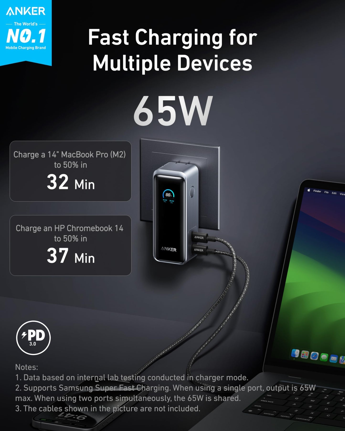 Anker Prime Power Bank, 9,600mAh Battery Pack with 65W Output Wall Charger, Supports PD 3.0 and PPS, 30W Fast Recharging, Sleek Portable Charger for MacBook Pro, iPhone 17/16 Series, Galaxy, iPad