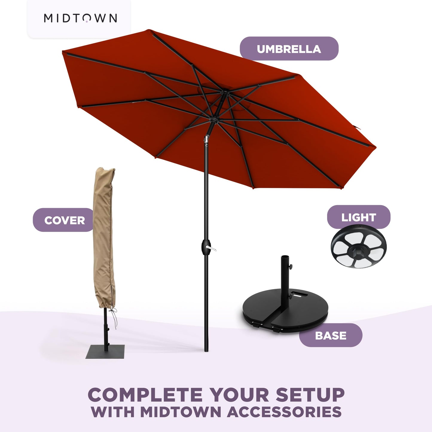 Midtown Umbrellas - 10-Year-No-Fade 9 Ft Patio Umbrella with Terylast Fabric, Auto-Tilt Aluminum Frame and 8 Reinforced Ribs for Deck, Pool, Garden & Beach - Apple Red Canopy, Black Pole
