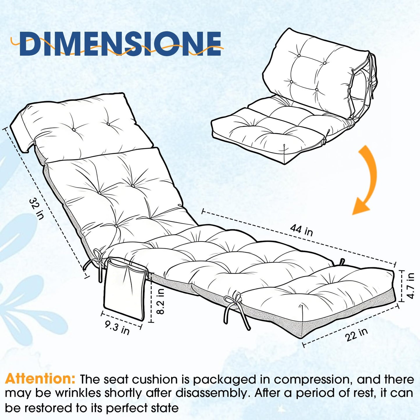 GNRZZT Outdoor Chaise Lounge Cushion 76 x 22 x 4.7 Inch, Thick Tufted Lounge Chair Cushion Replacement Pad for Patio Recliner, Indoor Outdoor Long Seat Cushion with Ties, Light Gray