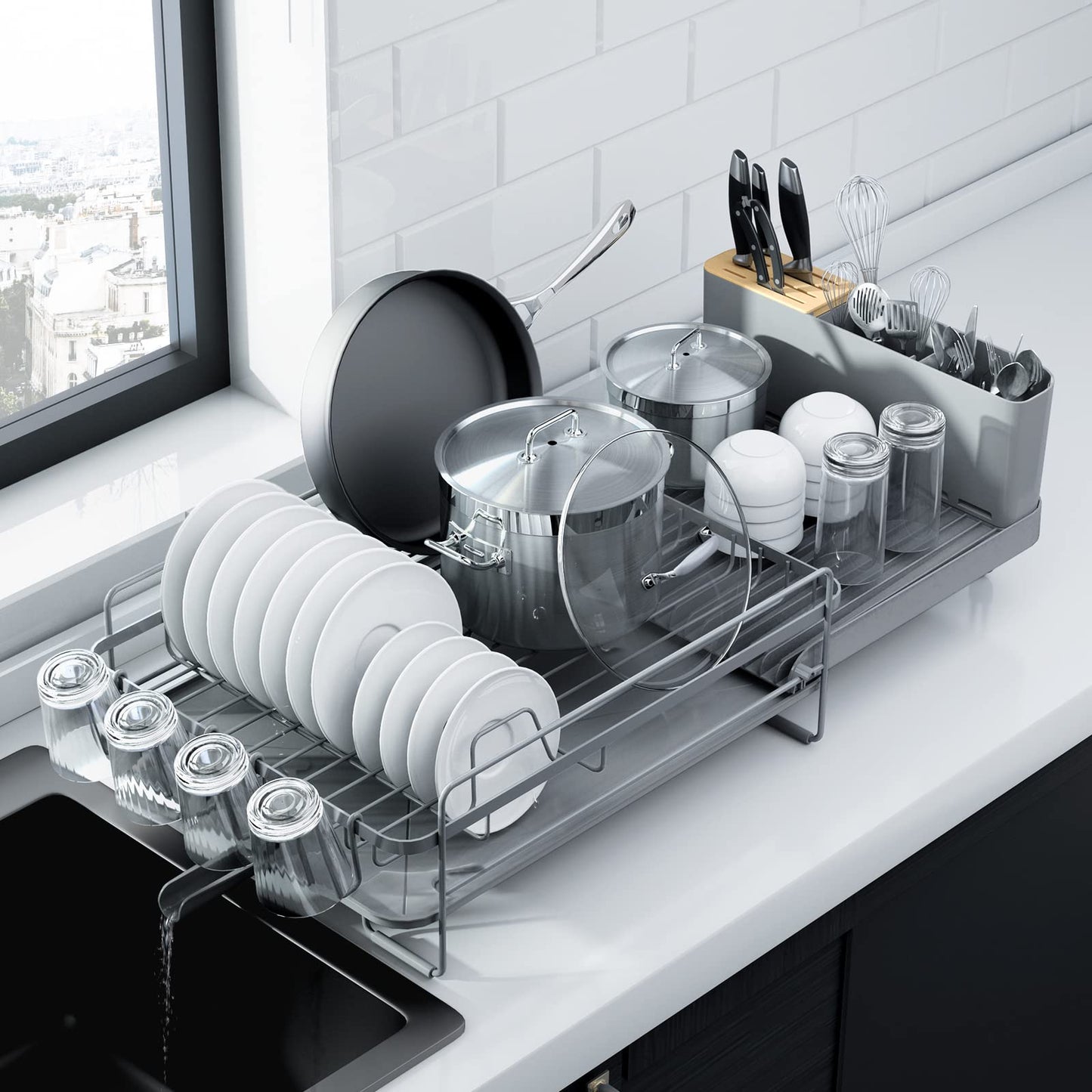 Kitsure Large Dish Drying Rack - Extendable Dish Rack, Multifunctional Dish Rack for Kitchen Counter, Anti-Rust Dish Drainers with Cutlery & Cup Holders 19.2"-26.7" L x 12.9" W, Grey
