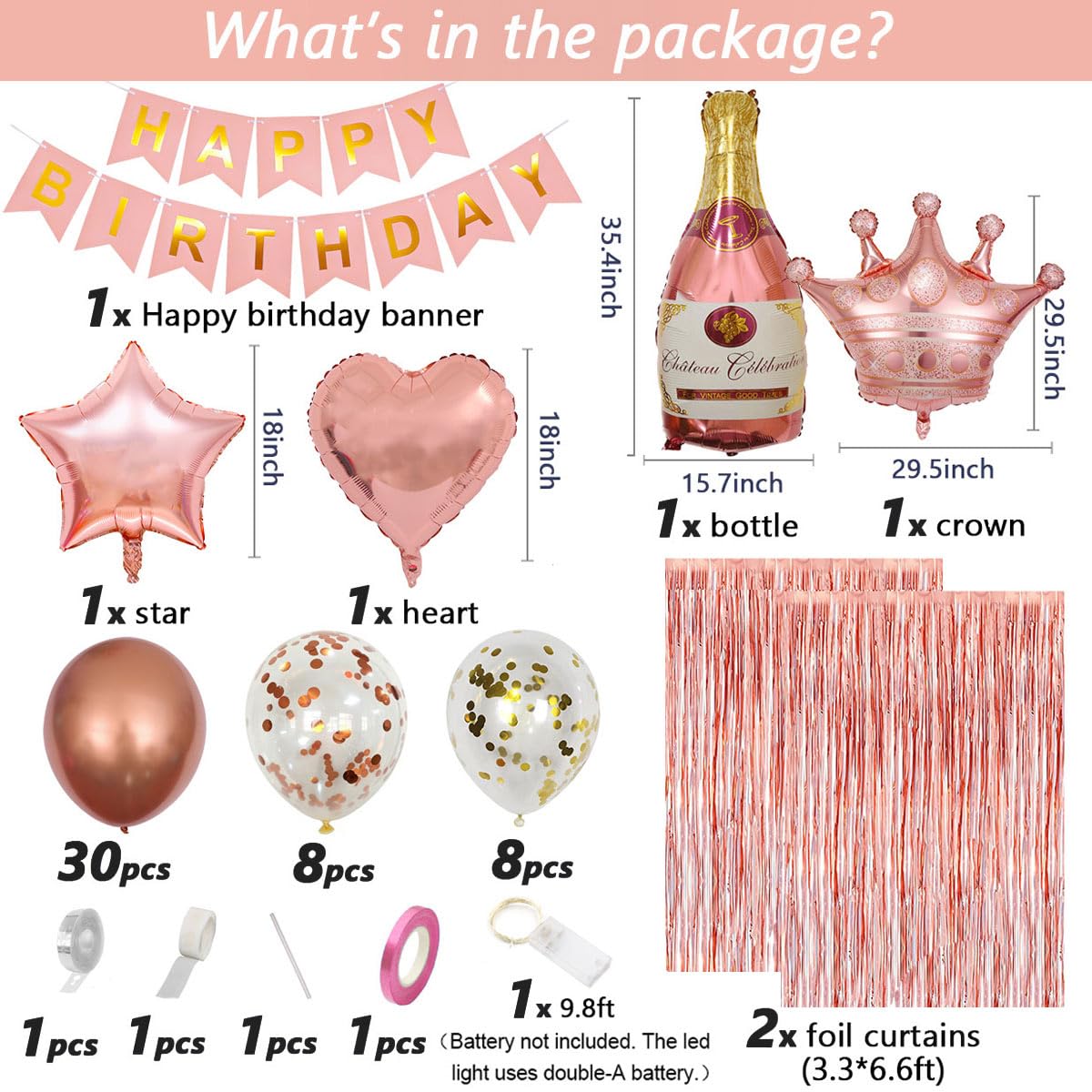 Birthday Decorations for Women with Happy Birthday Banner, Curtains, Bottle, Crown, Heart Star Balloons, Rose Gold Balloons for Girls Women Birthday Party Decorations