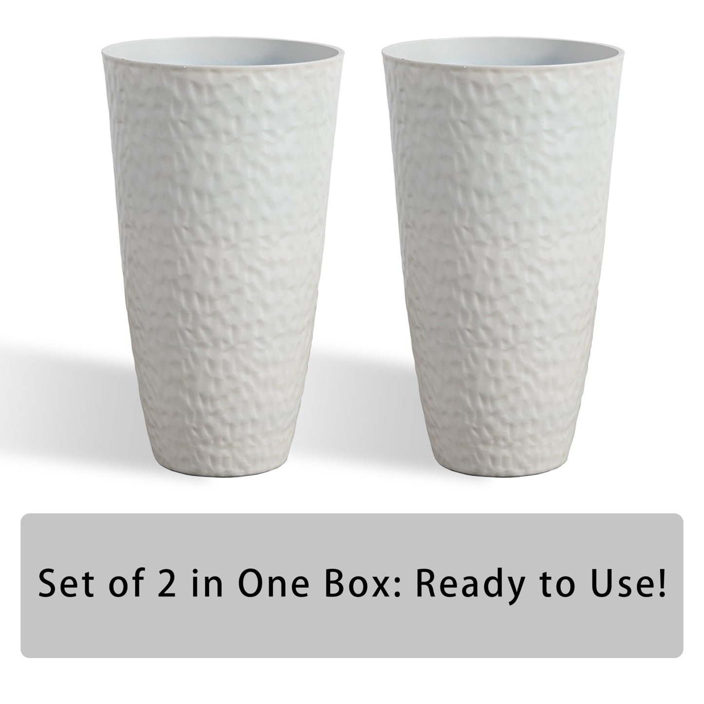 Casaphoria 2-Pack 22" Tall Planters for Outdoor Plants, 12" Large Plastic Flower Pots with Drainage, Lightweight Antique Shape Planters for Front Porch, Patio, Deck (White)