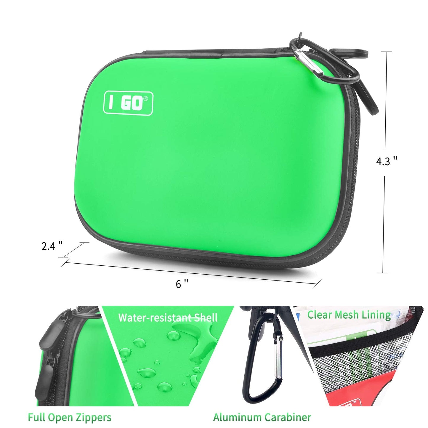 I GO 85 Pieces Hard Shell Mini Compact First Aid Kit, Small Personal Emergency Survival Kit for Travel Hiking Camping Backpacking Hunting Marine Car, Green