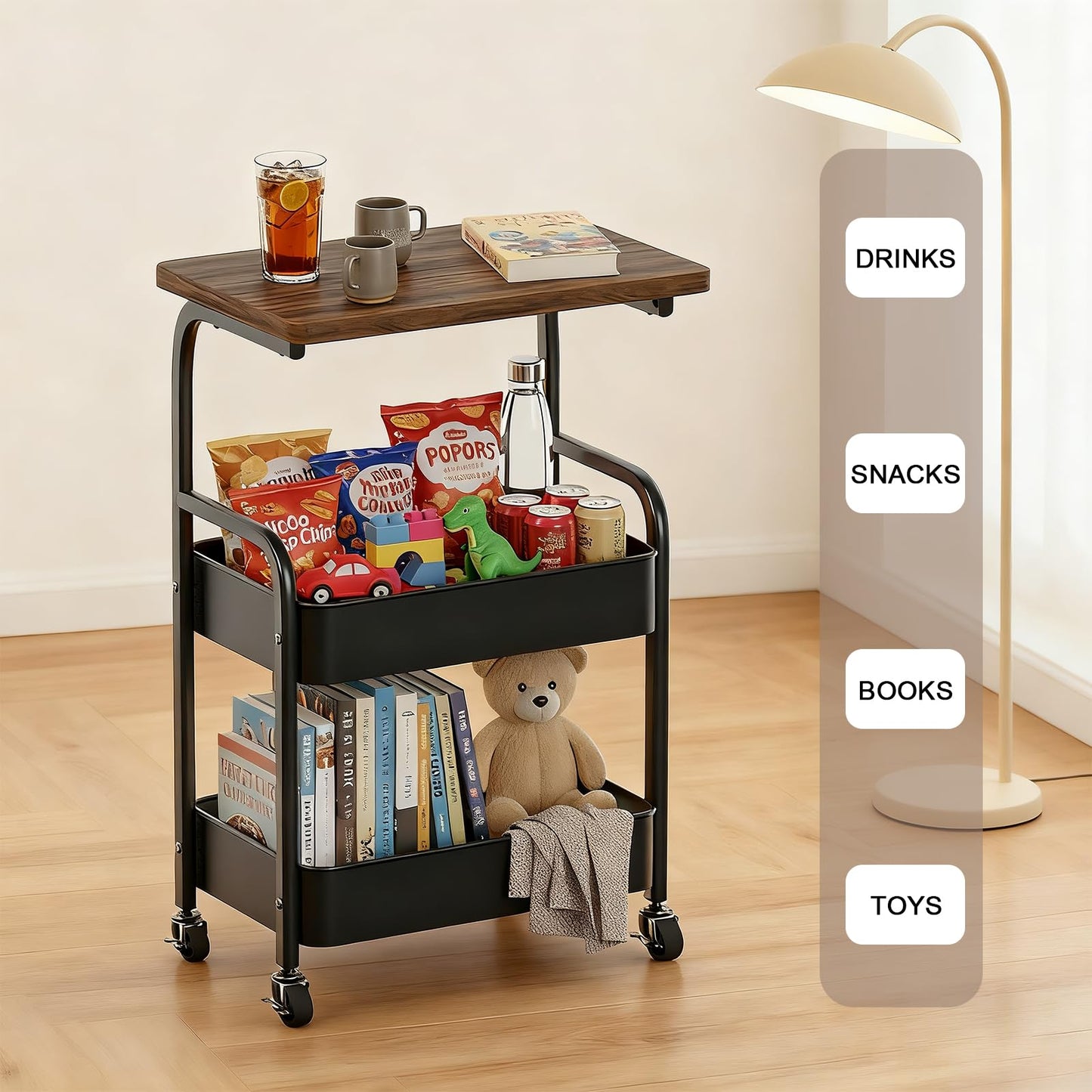 ULIKEUS Rolling Cart with Wooden Tabletop 3-Tier Metal Utility Rolling Cart Storage Organizer with Lockable Wheels for Kitchen, Office, Bedroom