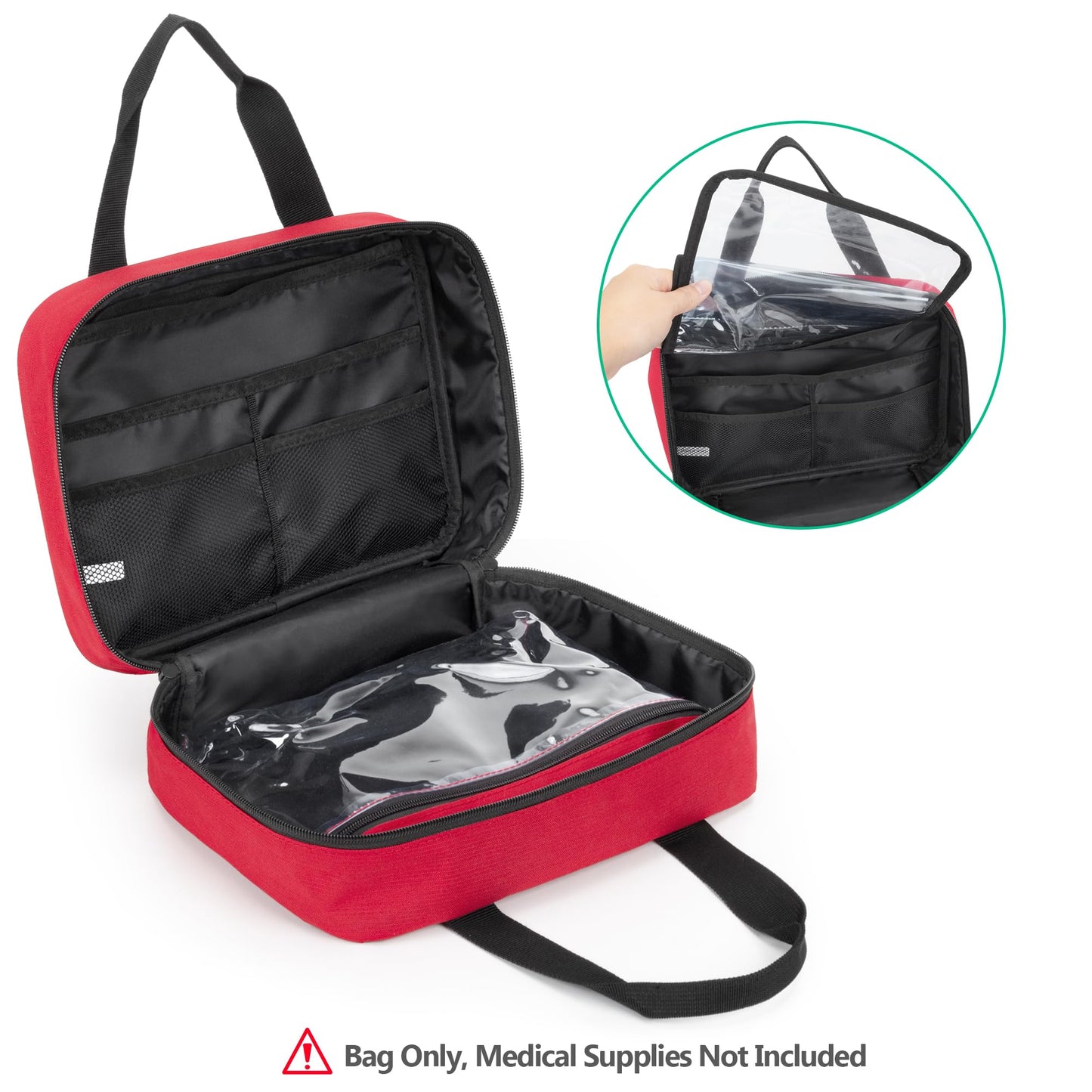 CURMIO Small First Aid Bag, Empty Emergency Trauma Kit Organizer Bag for Hiking, Camping, Car, Travel, Home and Outdoor, Red, BAG ONLY, Patent Pending