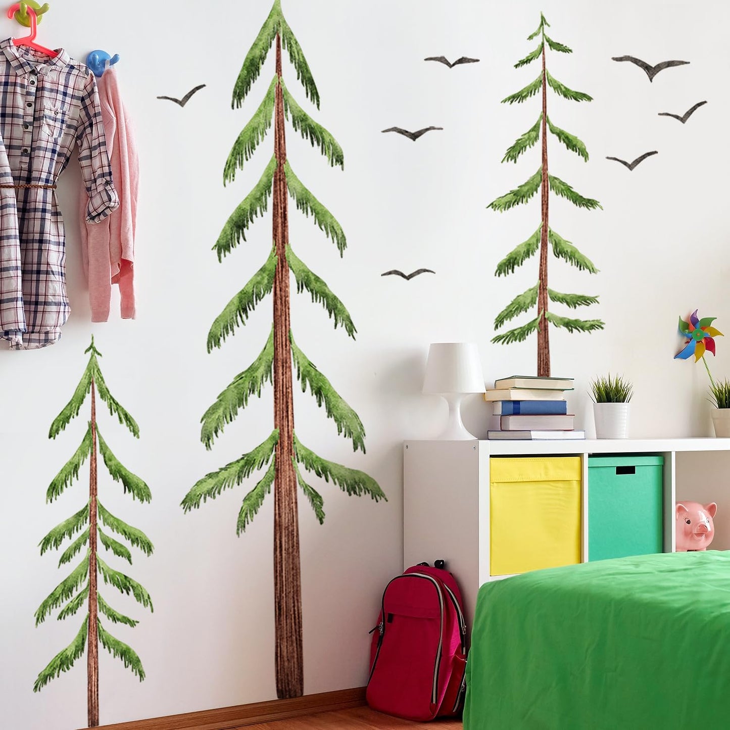LiveGallery Removable Large 3 Pine Brown Tree Wall Decals Green Leaf With Black flying Birds Wall Sticker DIY Peel and Stick Plants Wall art Decor for Kids Girls Boys Teens Nursery Bedroom Living Room