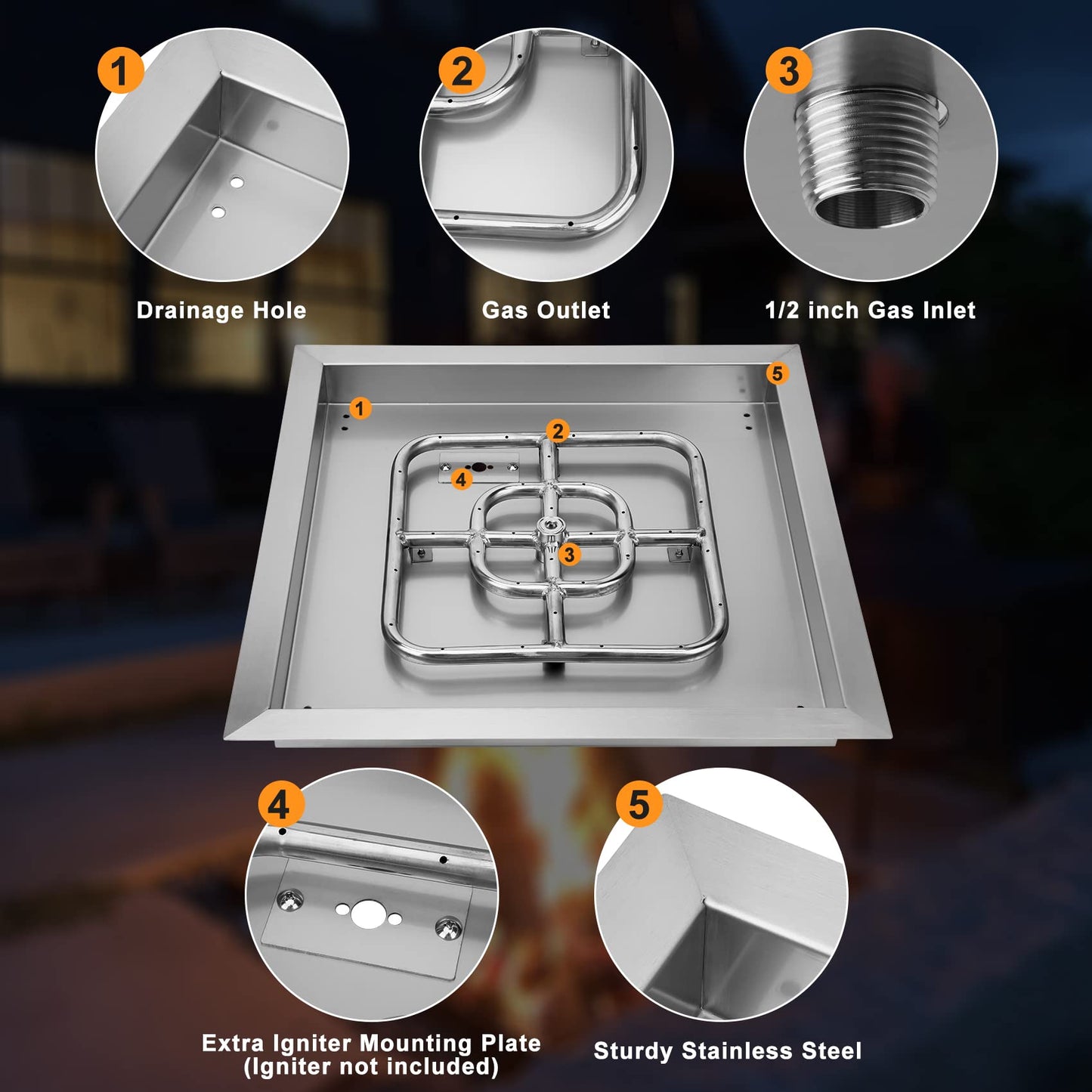 Onlyfire 18 Inch Square Fire Pit Burner Pan with Square Burner Ring – 304 Stainless Steel Drop-in Gas Fire Pit Insert for Natural Gas & Propane, 92,000 BTU, Square Flame Pattern for DIY Fire Table