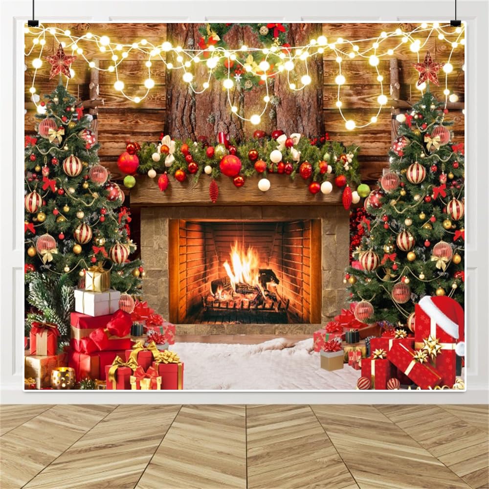 Christmas Fireplace Photography Backdrops 10x8ft Vinyl Winter Photoshoot Backdrop Xmas Tree Lights Wooden Board Wall Gift Box Background Xmas New Year Party Background Banner Supplies Props