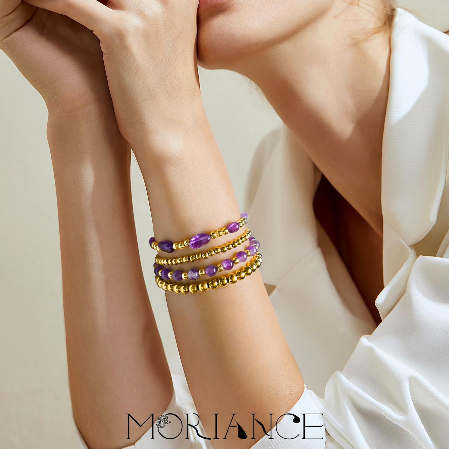 MORIANCE Rose Quartz Bracelet for Women Rose Quartz Crystal Jewelry Gold Bracelets for Women Stack Gold Bead Bracelets Pink Beaded Crystal Gemstone Bracelet