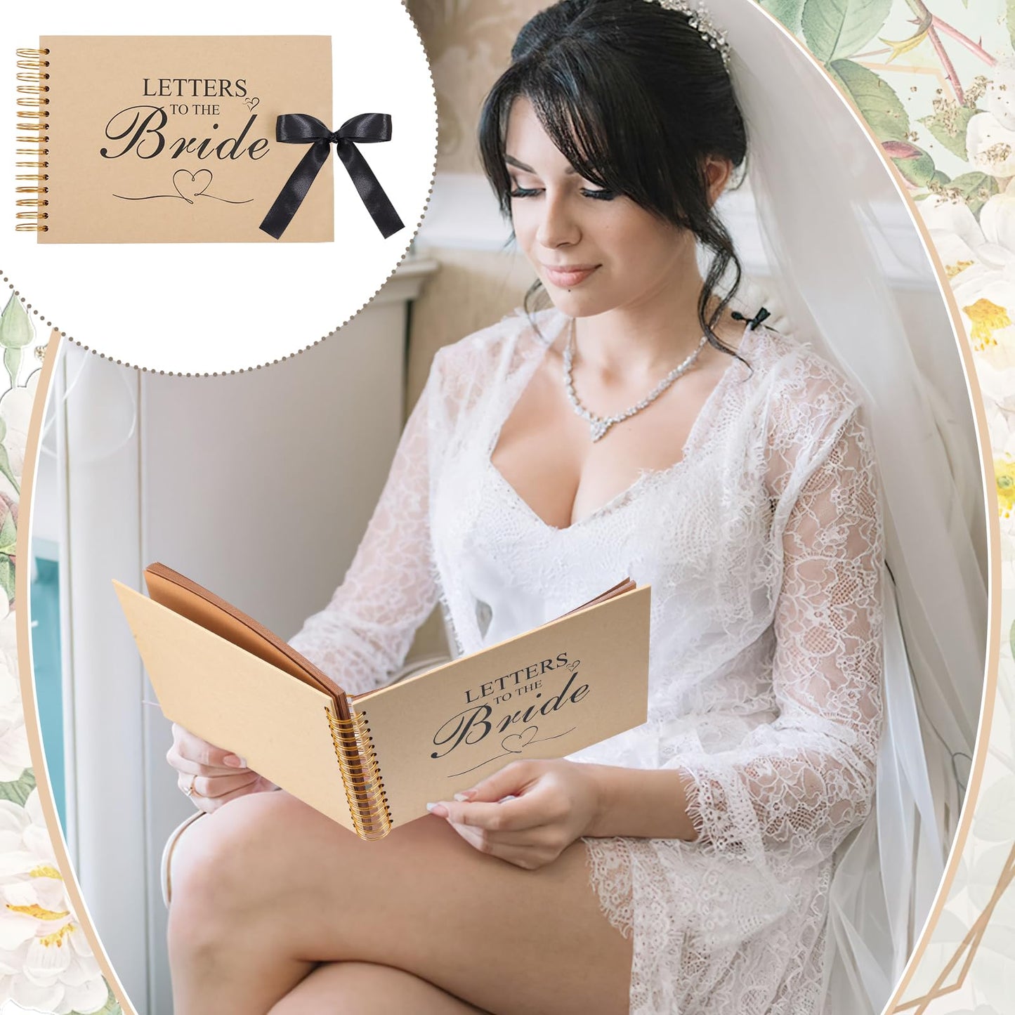 12.6 x 8.3 Inch Letters to The Bride Scrapbook Wedding Memory Book Photo Album Kit with Pens Tapes Flower and Stickers 40 Pages Bridal DIY Blank Paper Scrapbook Hardcover for Lover Friend Kid Wedding